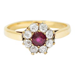 Victorian 0.92 Carat Ruby Diamond 14 Karat Gold Cluster Ring, Circa 1900