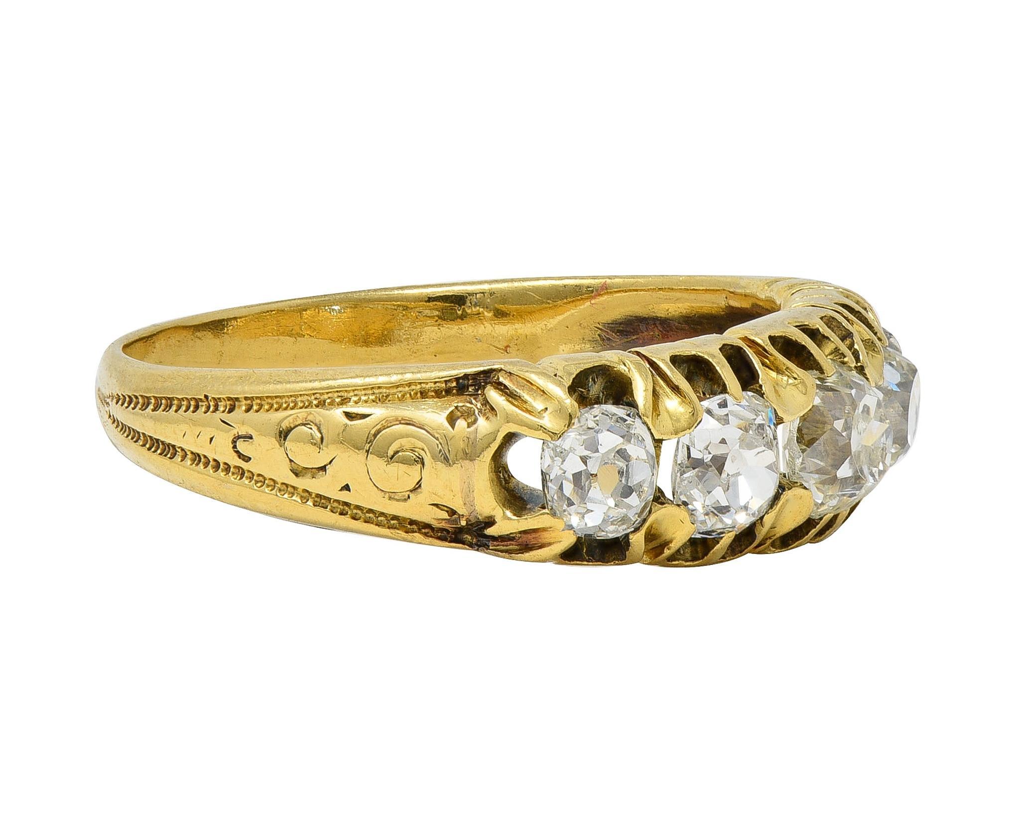 Old Mine Cut Victorian 0.95 CTW Old Mine Diamond 18K Gold Antique Five Stone Scroll Band Ring For Sale