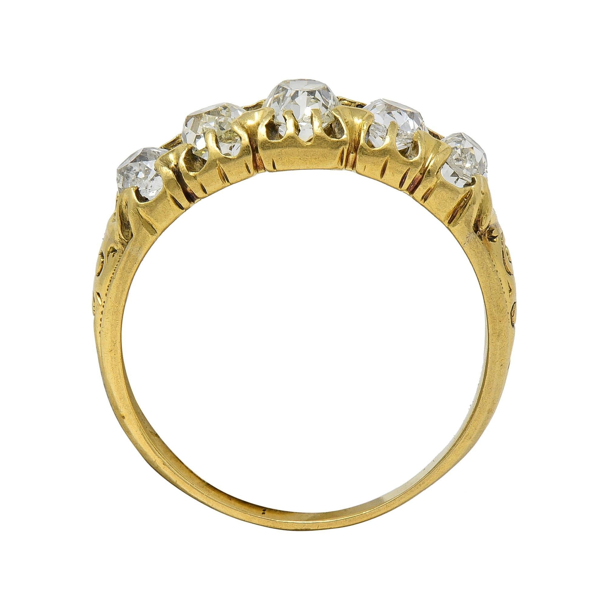 Victorian 0.95 CTW Old Mine Diamond 18K Gold Antique Five Stone Scroll Band Ring In Excellent Condition For Sale In Philadelphia, PA
