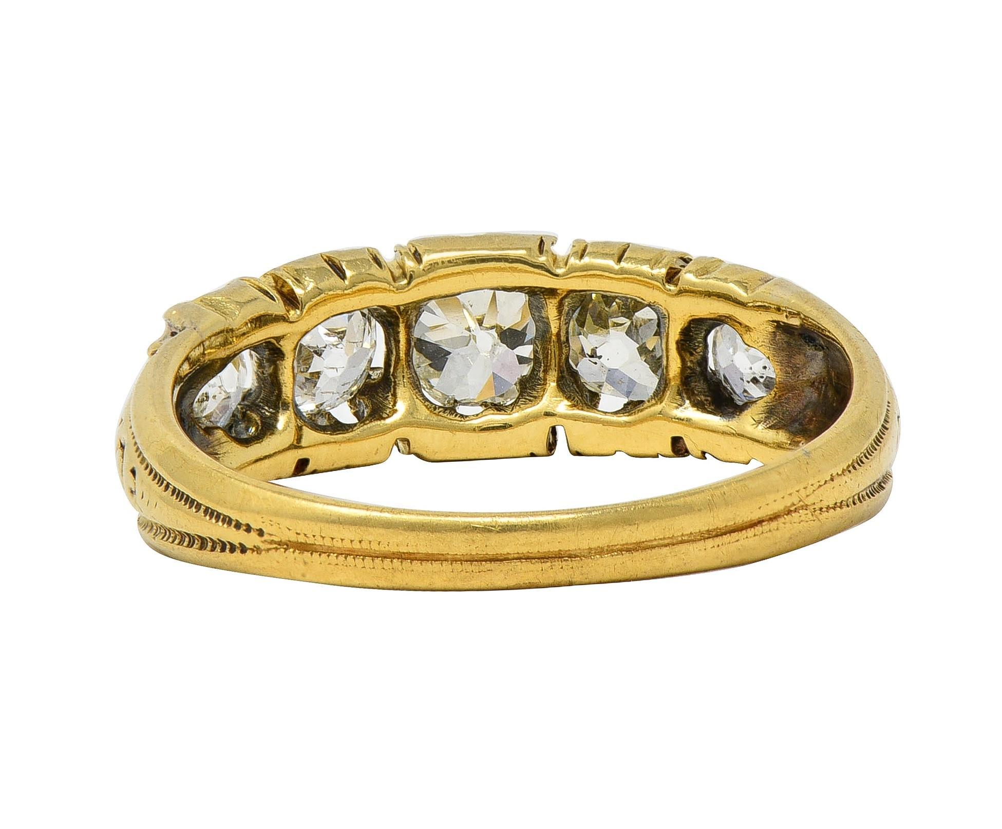 Women's or Men's Victorian 0.95 CTW Old Mine Diamond 18K Gold Antique Five Stone Scroll Band Ring For Sale
