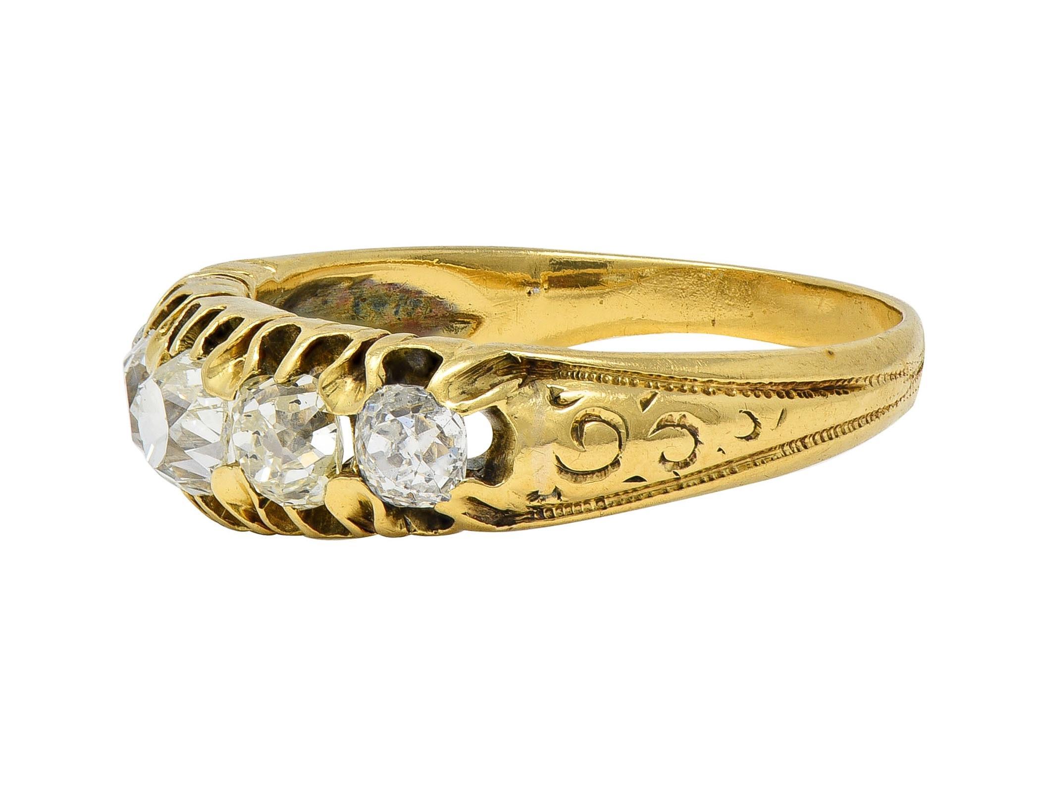 Victorian 0.95 CTW Old Mine Diamond 18K Gold Antique Five Stone Scroll Band Ring For Sale 1