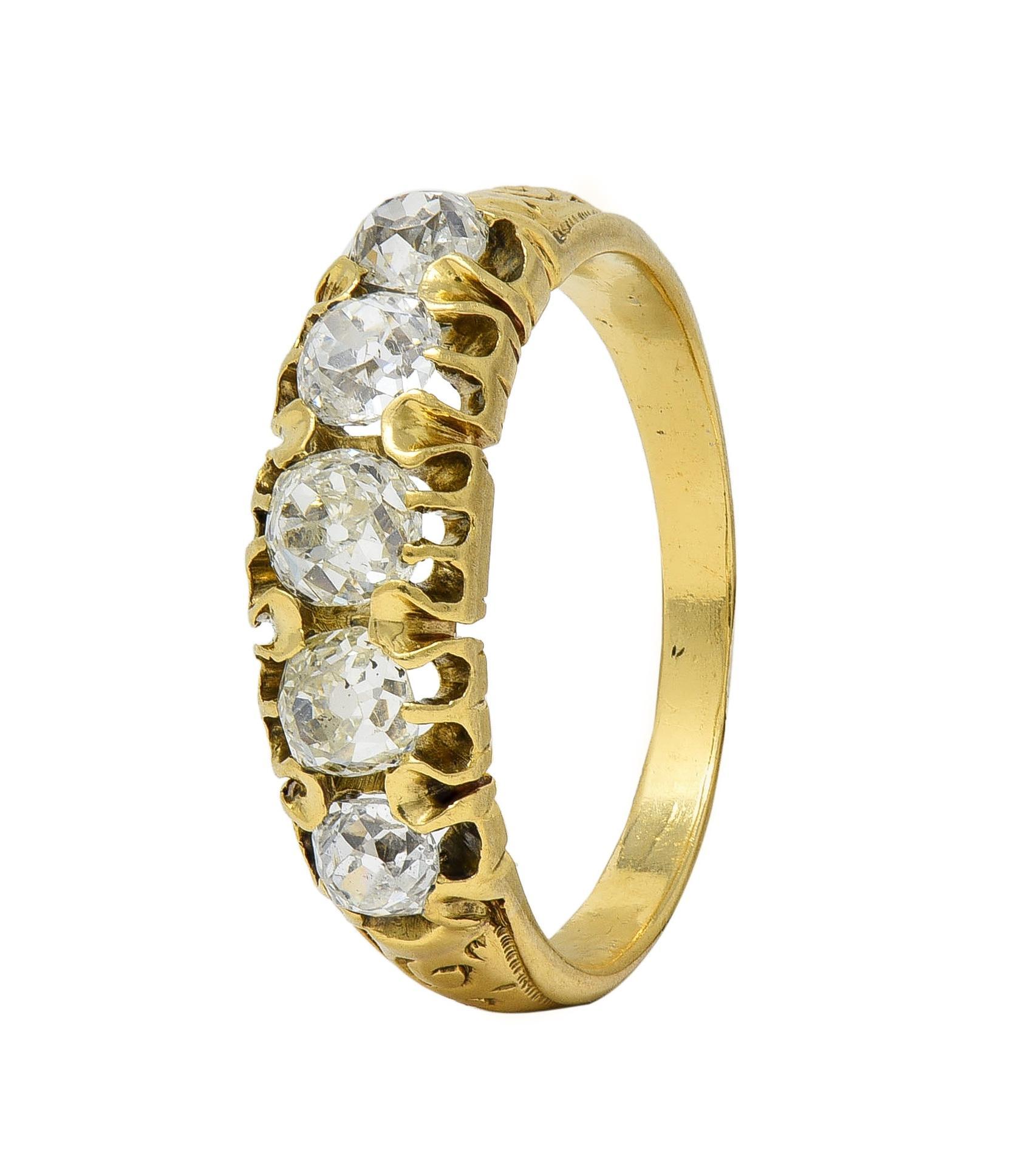 Victorian 0.95 CTW Old Mine Diamond 18K Gold Antique Five Stone Scroll Band Ring For Sale 2