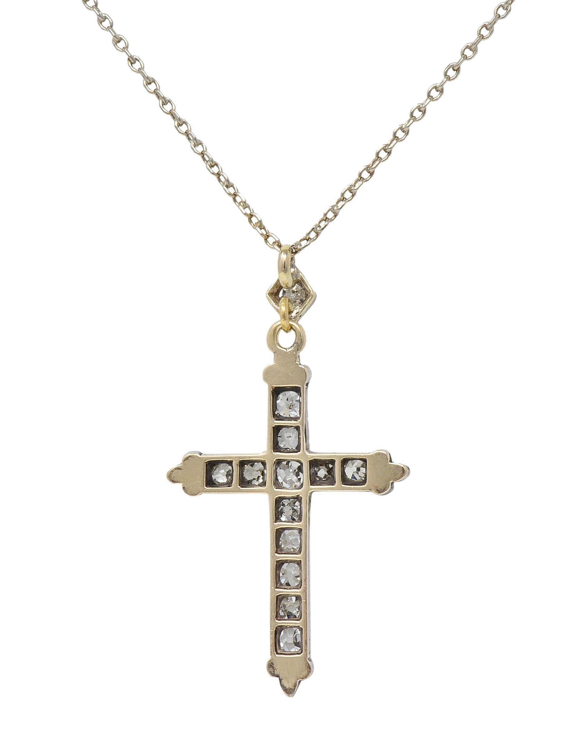 Women's or Men's Victorian 0.95 CTW Old Mine Diamond Silver 14 Karat Gold Cross Pendant Necklace For Sale