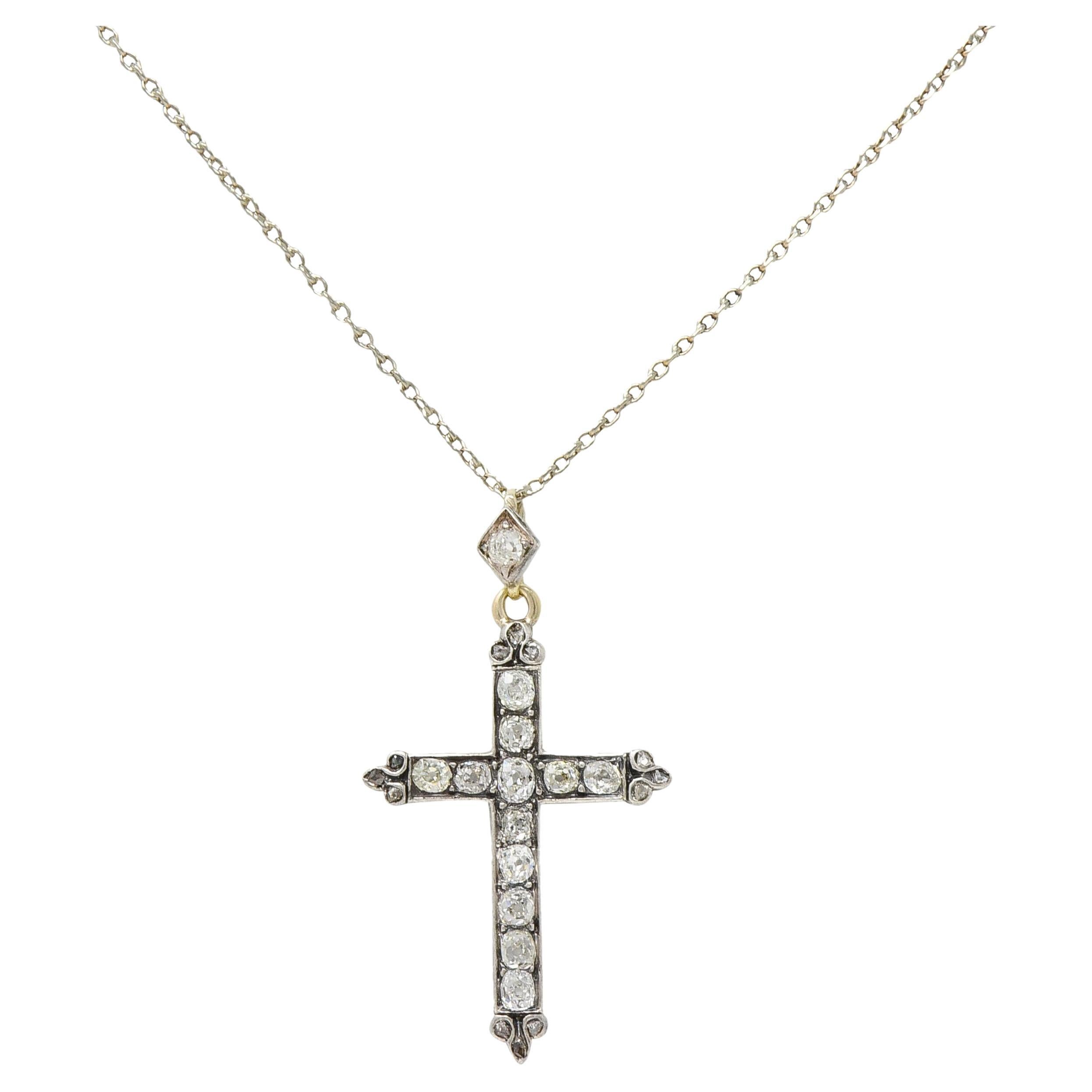 Victorian 0.95 CTW Old Mine Diamond Silver 14 Karat Gold Cross Pendant Necklace For Sale