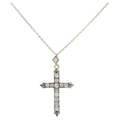 Collier pendentif croix victorien en argent et or 14 carats avec diamants taille vieille mine de 0,95 carat