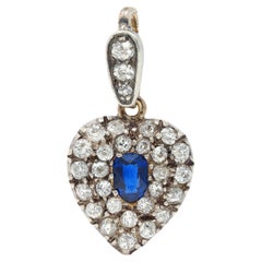 Victorian 0.95 CTW Sapphire Diamond Silver 14 Karat Gold Antique Heart Pendant