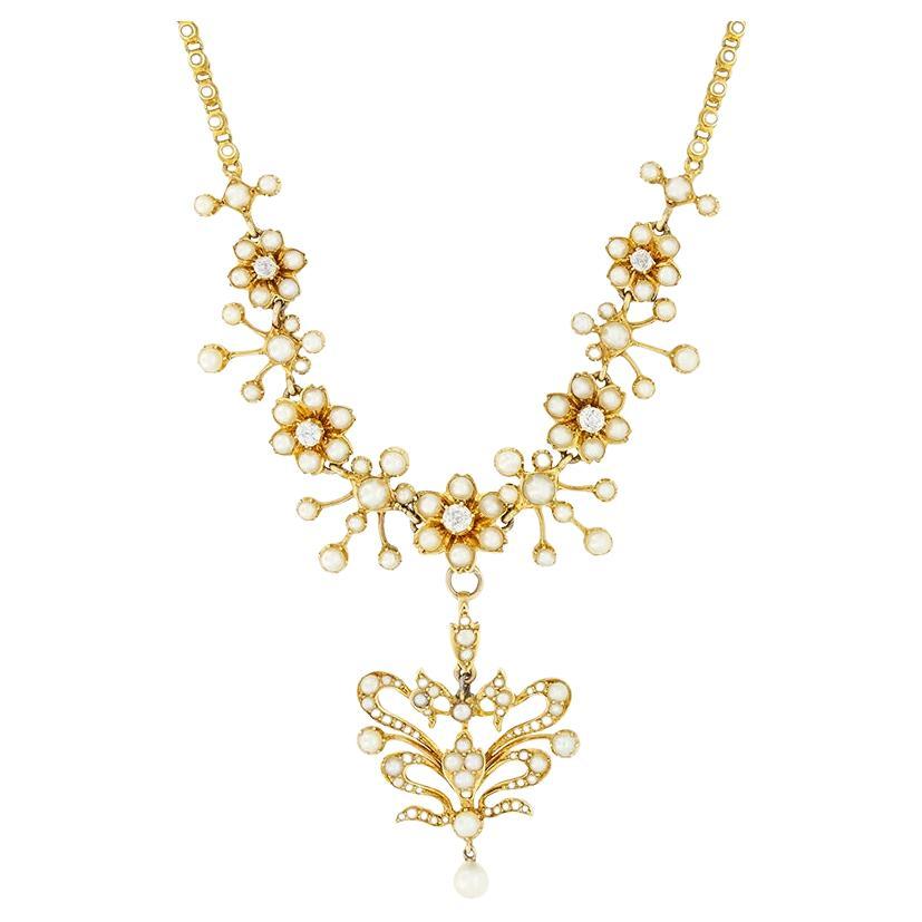 Collana vittoriana con diamanti e perle da 0,95 carati, 1880 ca. in vendita