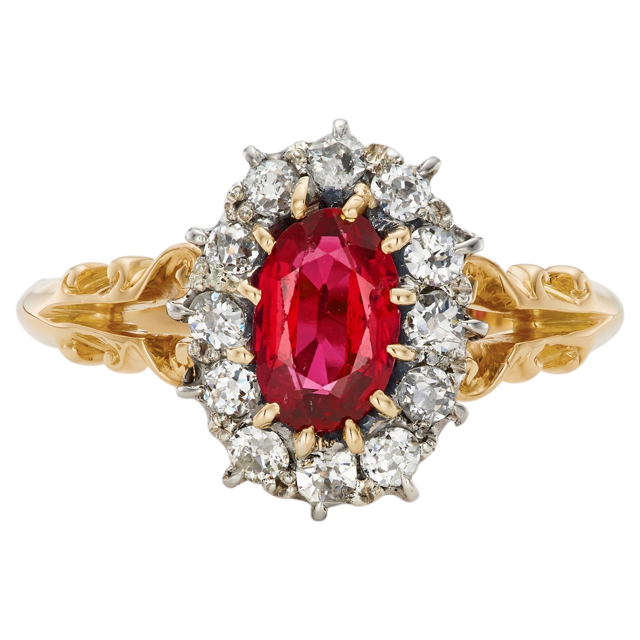 Victorian 0.95ct Ruby & Old Mine Cut Diamond 18K Yellow Gold Cluster Ring