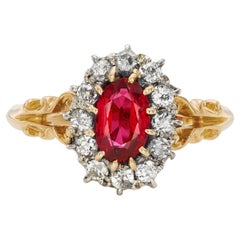 Victorian 0.95ct Ruby & Old Mine Cut Diamond 18K Yellow Gold Cluster Ring