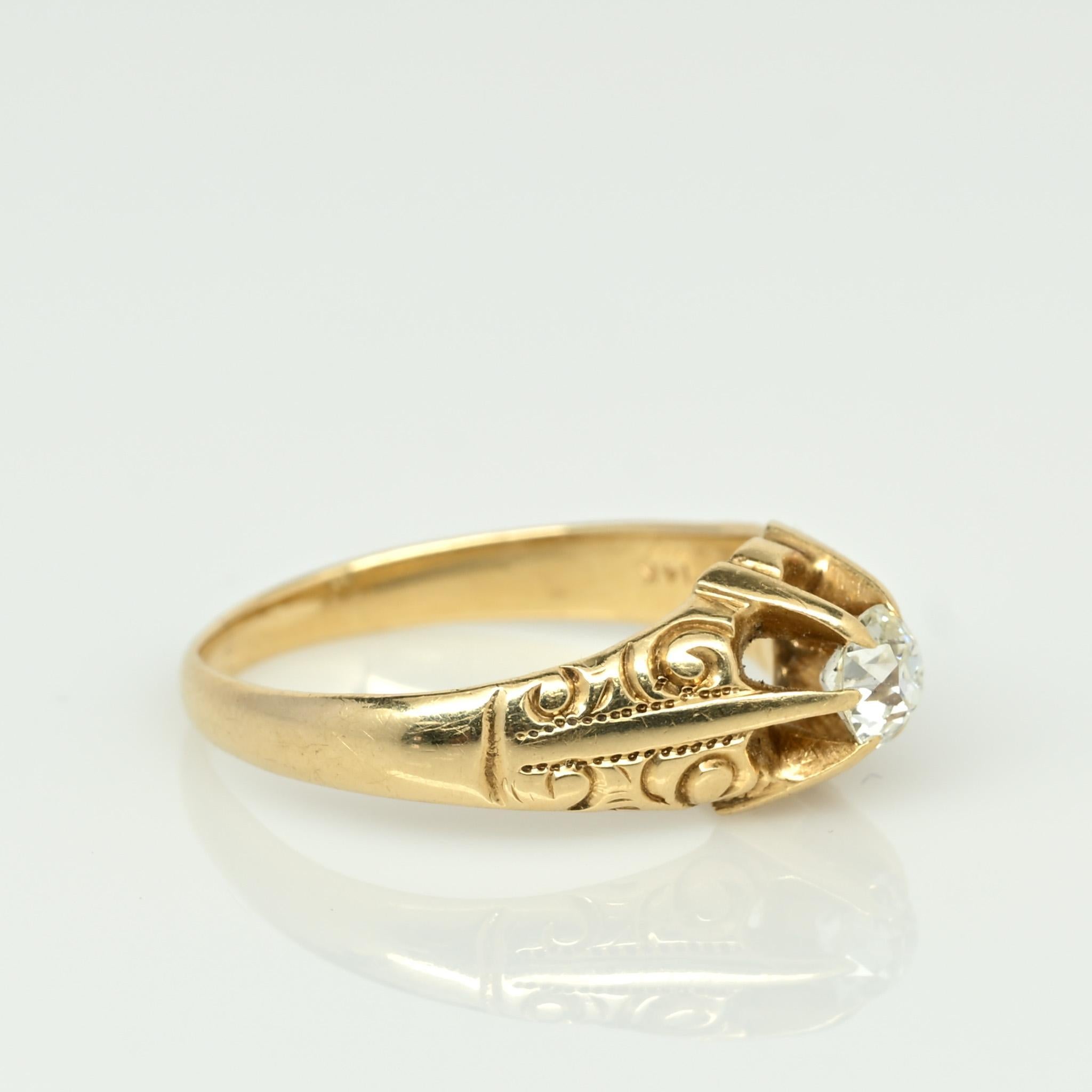 Victorian 1/2 Ct Old Mine Cut Diamond Antique 14K Yellow Gold Belcher Ring In Good Condition In Addison, TX