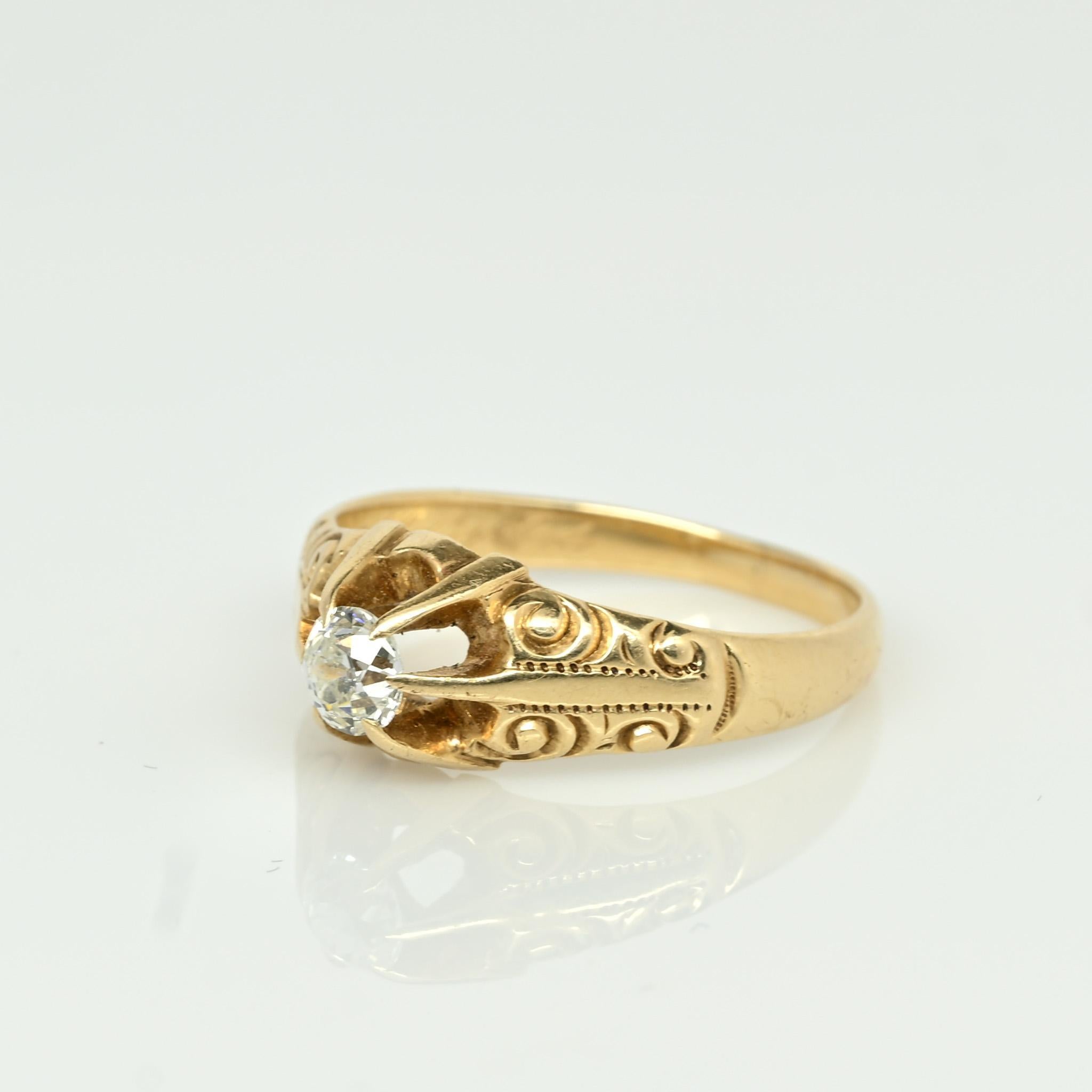Victorian 1/2 Ct Old Mine Cut Diamond Antique 14K Yellow Gold Belcher Ring 3