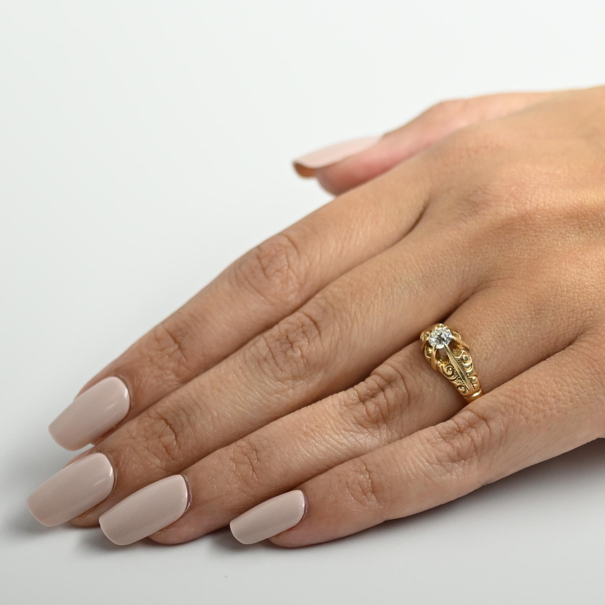 Victorian 1/2 Ct Old Mine Cut Diamond Antique 14K Yellow Gold Belcher Ring 4