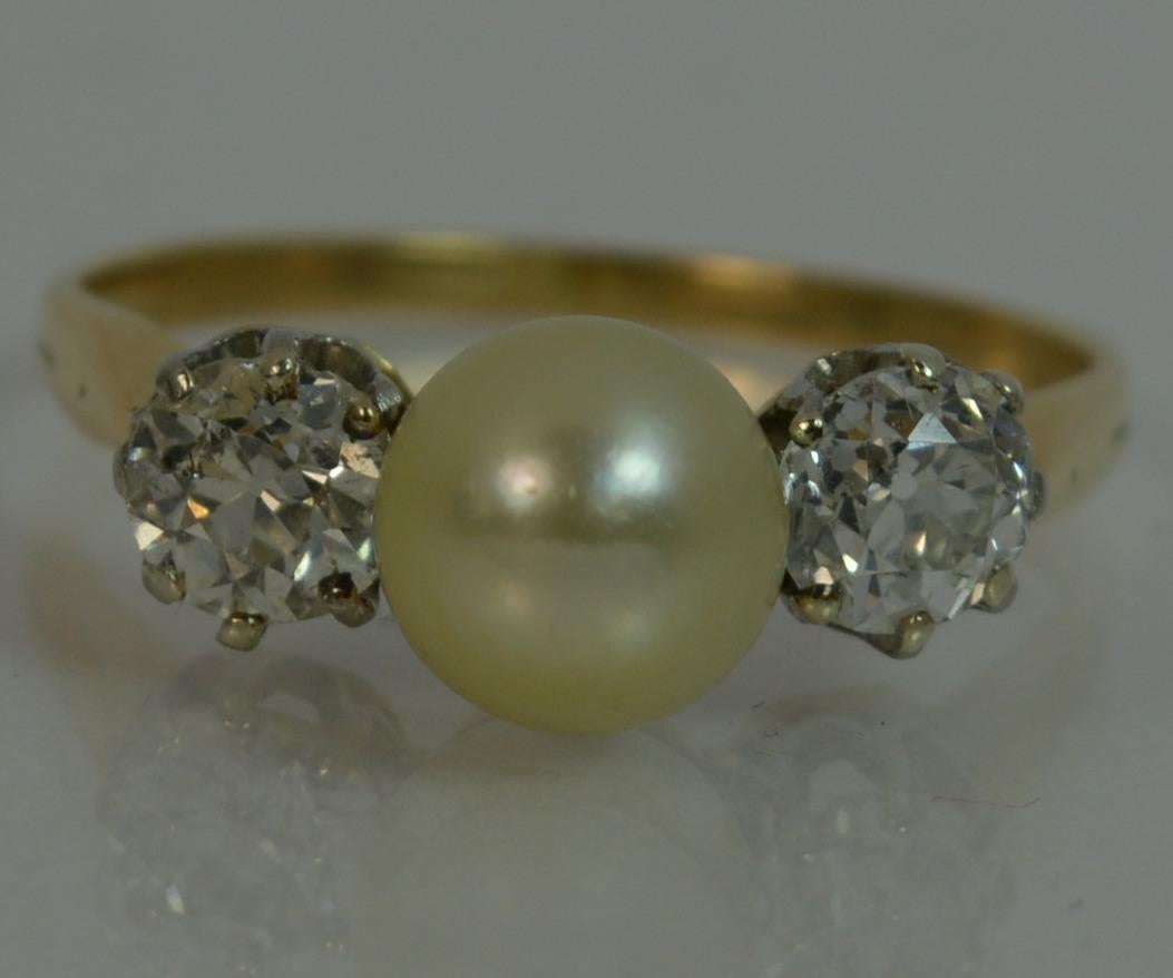 Victorian 1 Carat Old Cut Diamond and Pearl 18 Carat Gold Trilogy Stack Ring 5