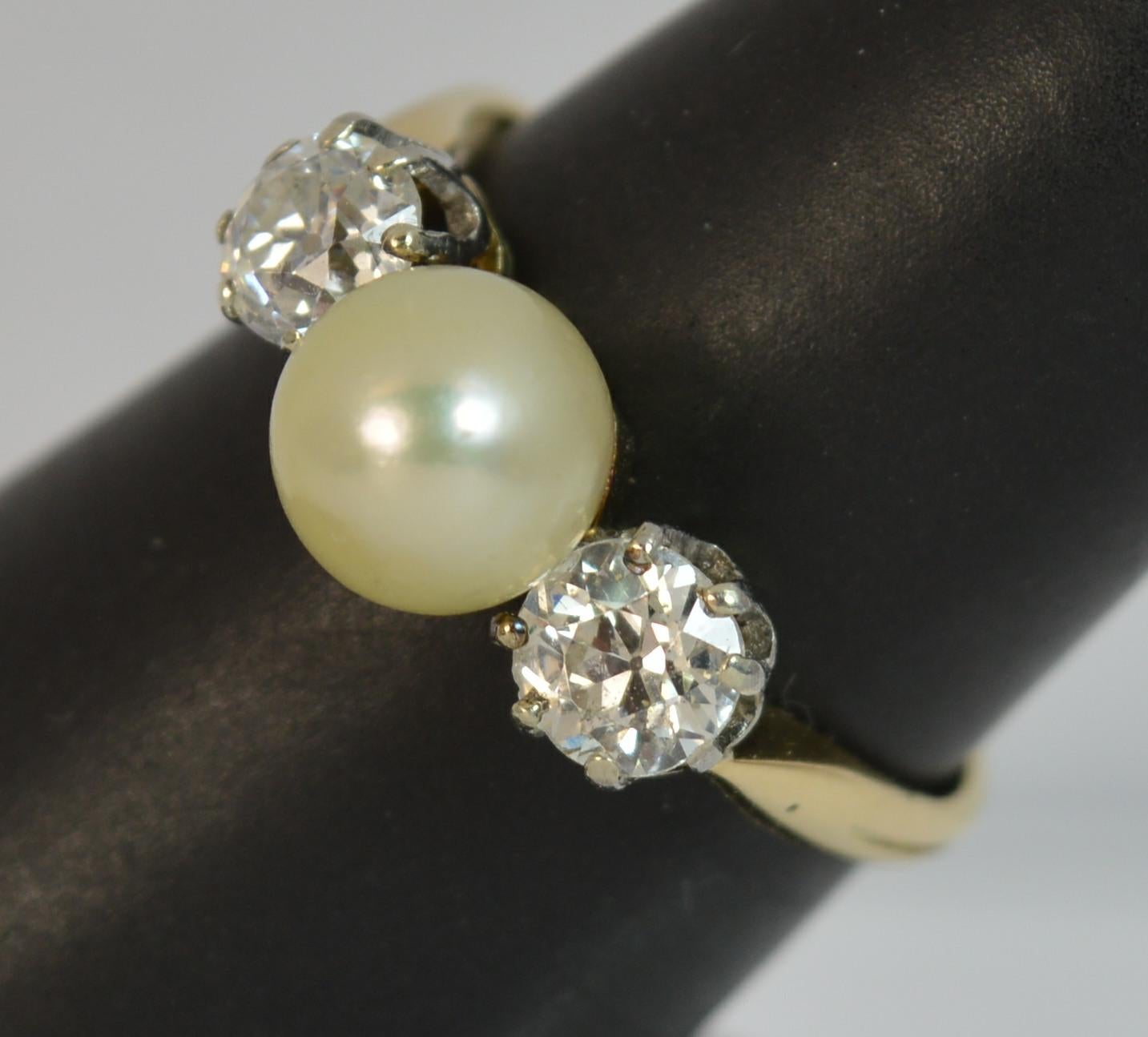 Victorian 1 Carat Old Cut Diamond and Pearl 18 Carat Gold Trilogy Stack Ring 6