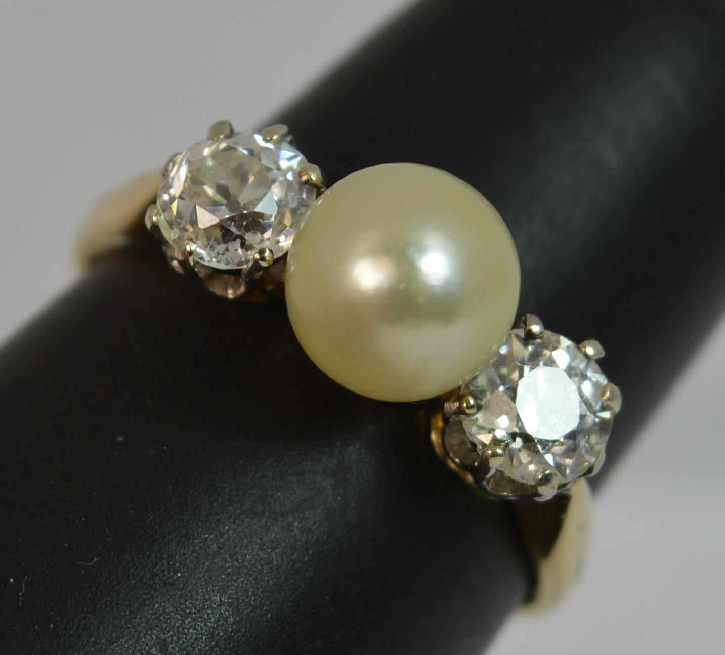 Victorian 1 Carat Old Cut Diamond and Pearl 18 Carat Gold Trilogy Stack Ring 7