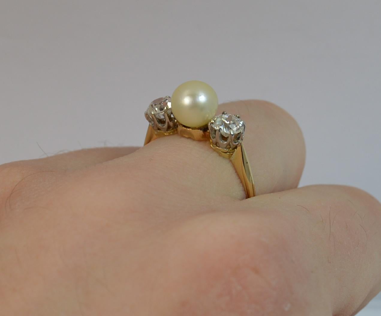 Old European Cut Victorian 1 Carat Old Cut Diamond and Pearl 18 Carat Gold Trilogy Stack Ring