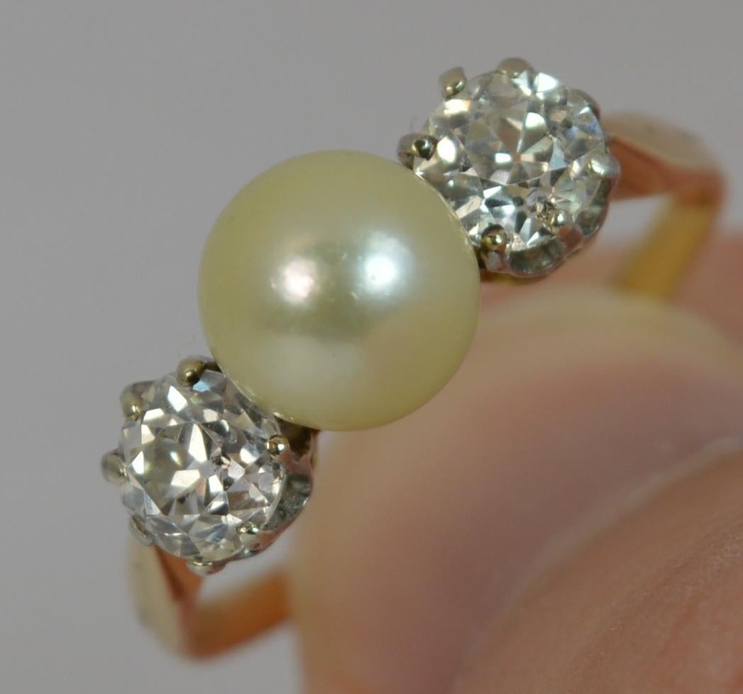 Women's Victorian 1 Carat Old Cut Diamond and Pearl 18 Carat Gold Trilogy Stack Ring