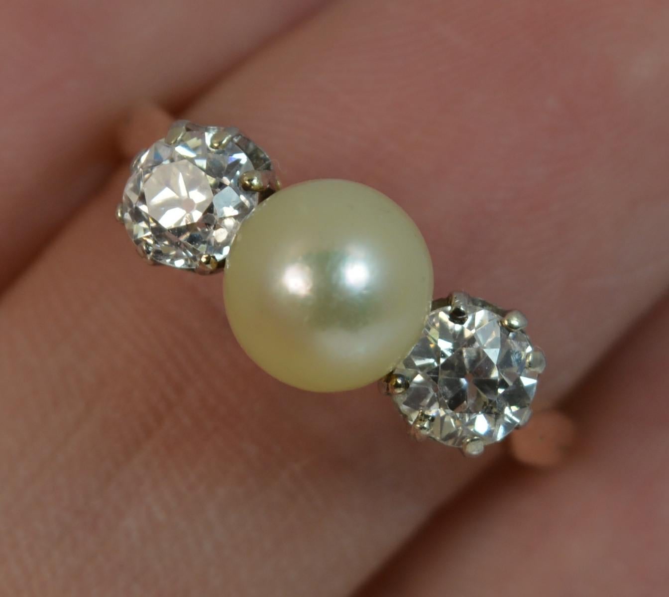 Victorian 1 Carat Old Cut Diamond and Pearl 18 Carat Gold Trilogy Stack Ring 1
