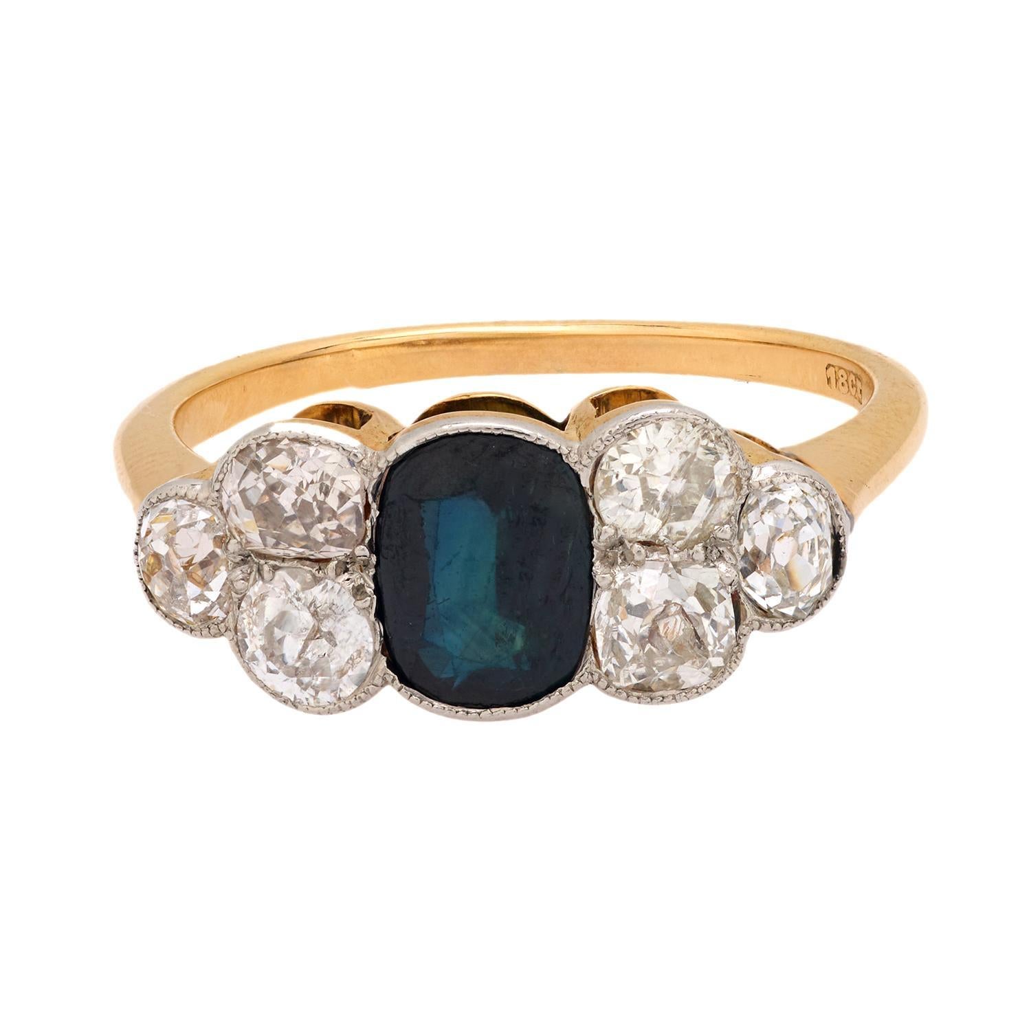 Victorien Bague victorienne en or jaune 18 carats avec saphir et diamant de 1 carat en vente