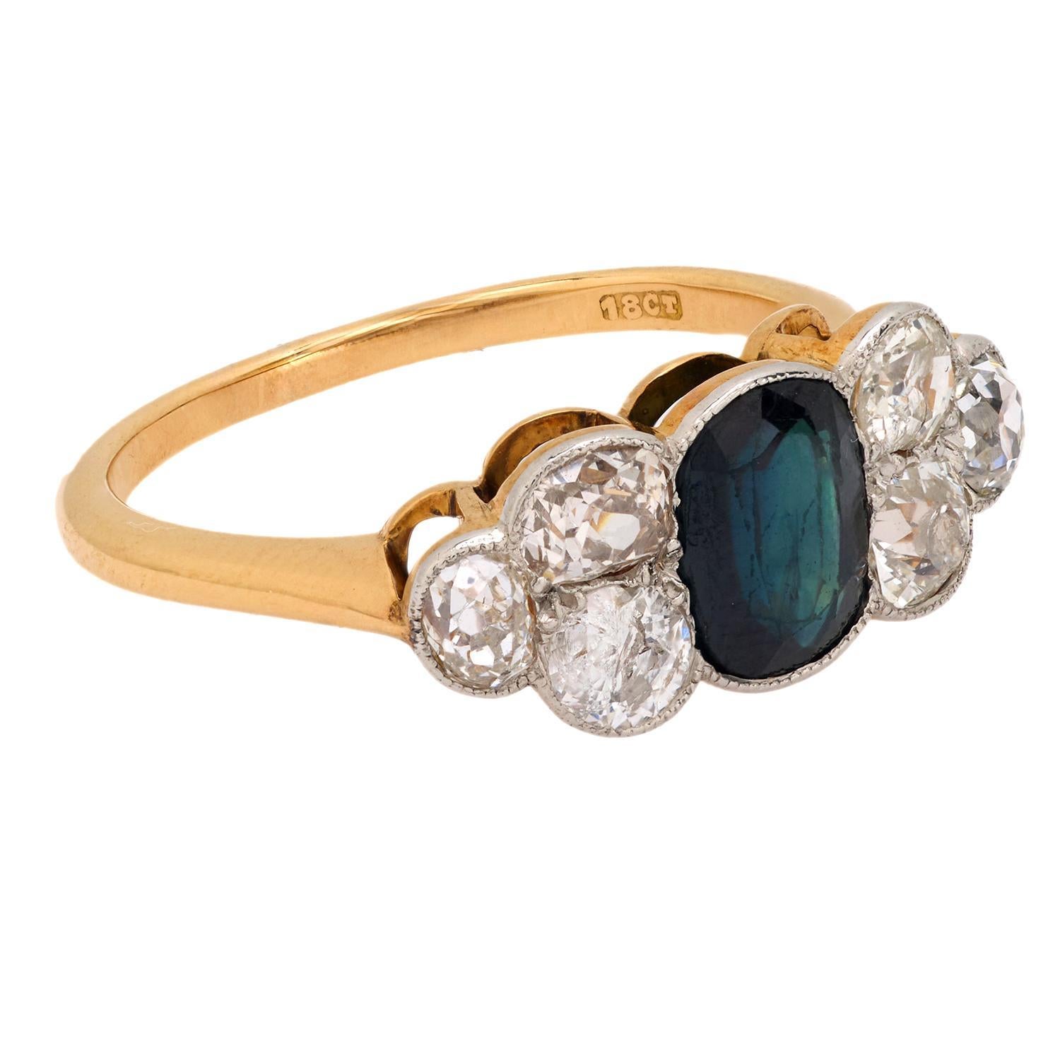 Bague victorienne en or jaune 18 carats avec saphir et diamant de 1 carat Bon état - En vente à Beverly Hills, CA