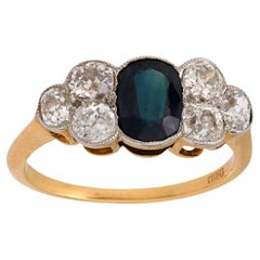 Antique Victorian 1 carat sapphire diamond 18k yellow gold ring