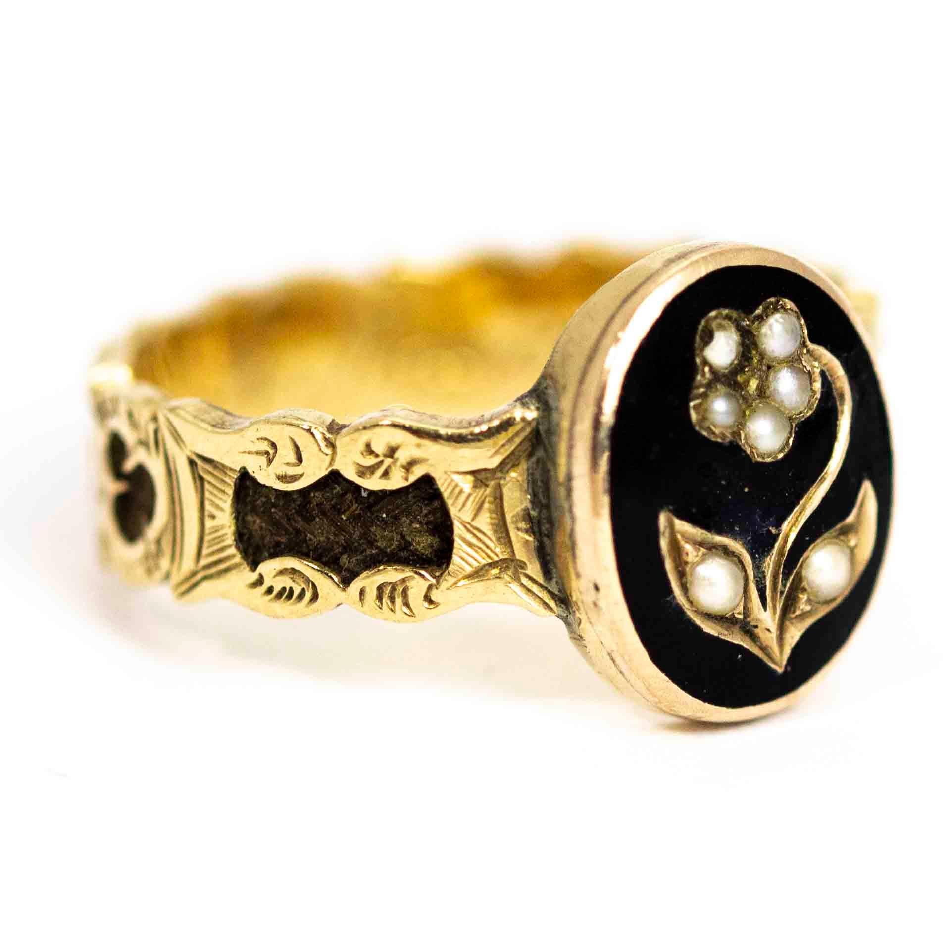 Women's Victorian 10 Carat Gold Black Enamel and Pearl Flower Mourning Ring