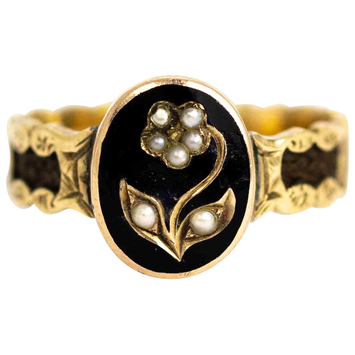Victorian 10 Carat Gold Black Enamel and Pearl Flower Mourning Ring
