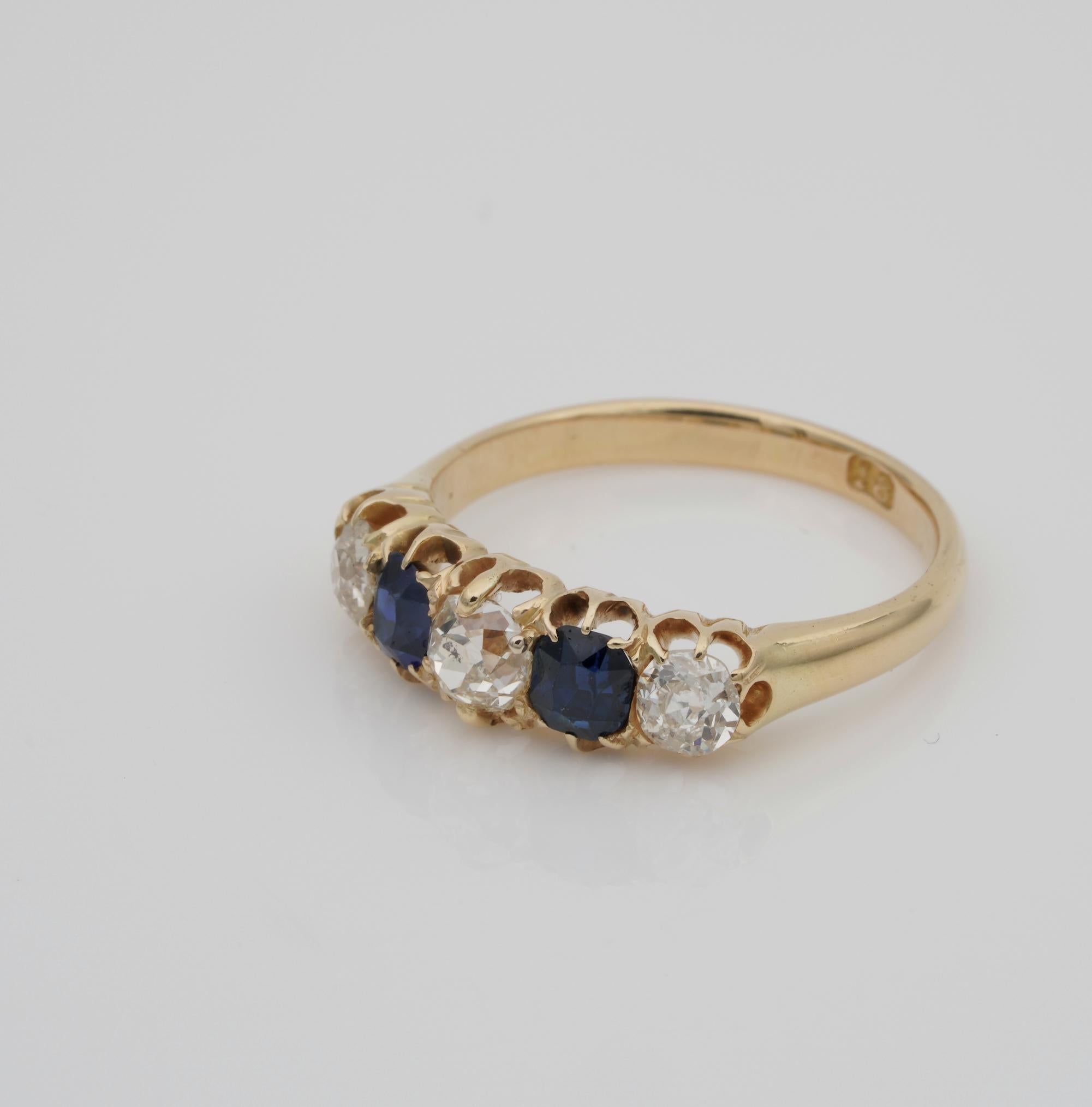 Women's Victorian 1.0 Carat Old Mine Diamond 1.0 Carat Sapphire Five-Stone Ring For Sale