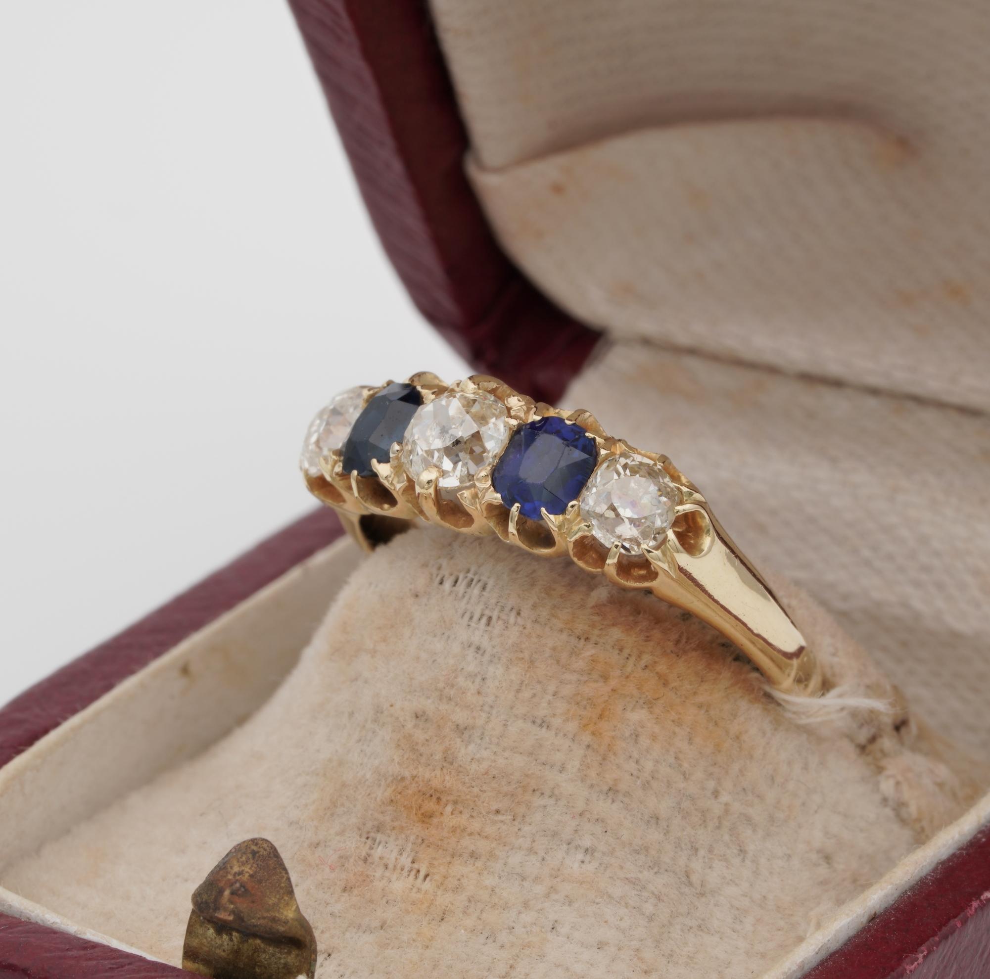 Victorian 1.0 Carat Old Mine Diamond 1.0 Carat Sapphire Five-Stone Ring For Sale 1