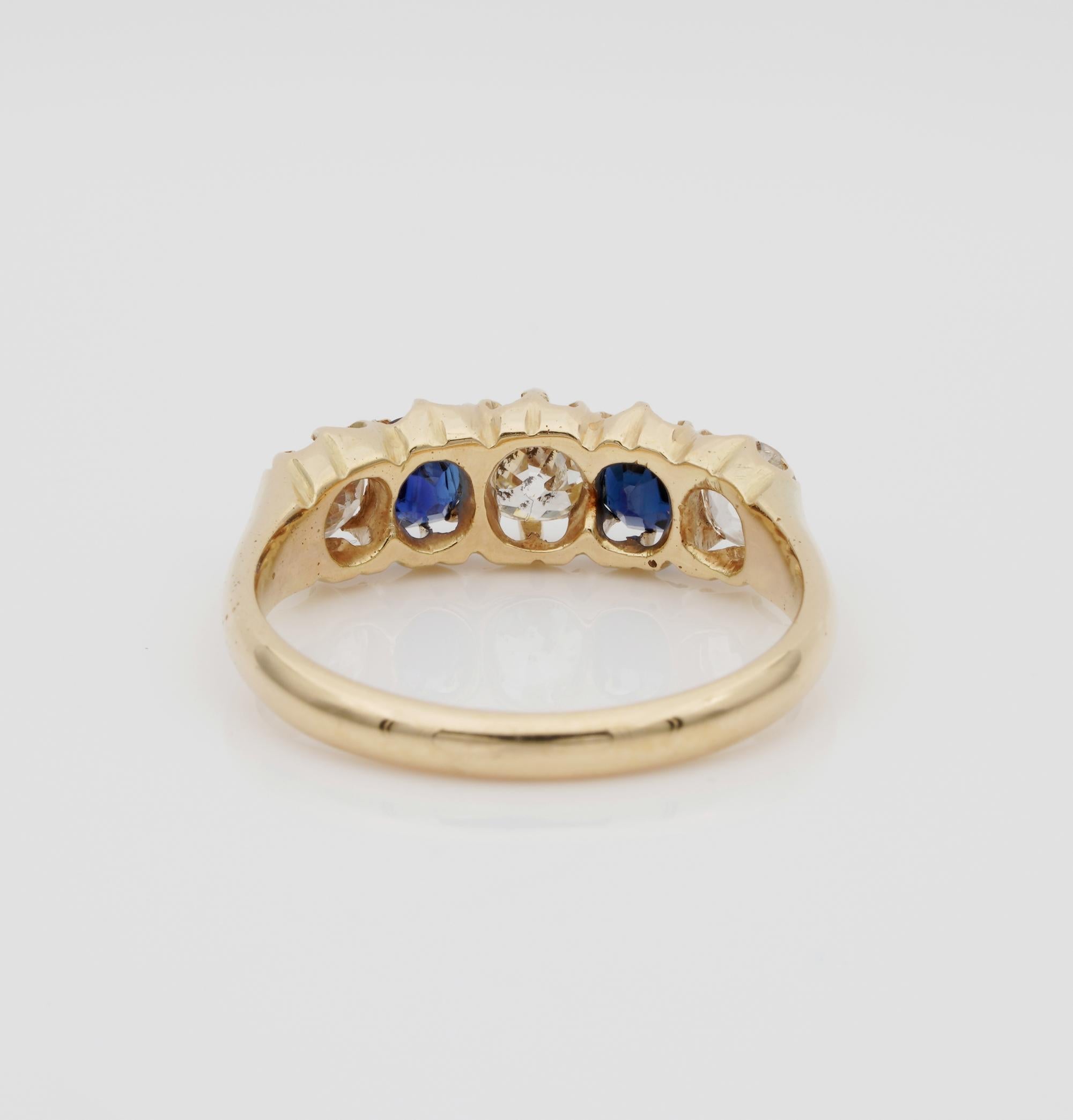 Victorian 1.0 Carat Old Mine Diamond 1.0 Carat Sapphire Five-Stone Ring For Sale 3