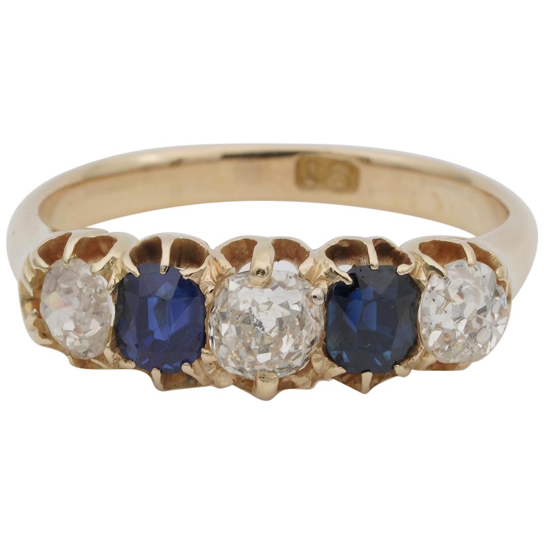 Victorian 1.0 Carat Old Mine Diamond 1.0 Carat Sapphire Five-Stone Ring For Sale