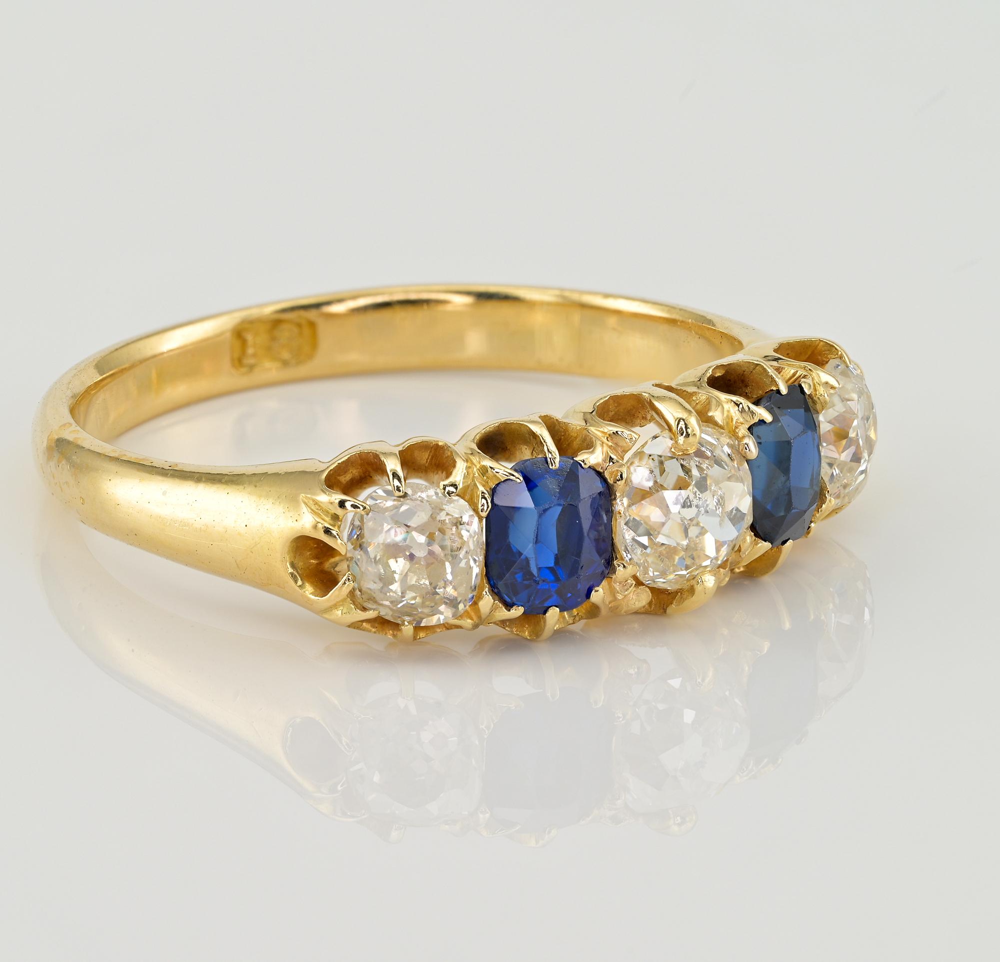 Antique Cushion Cut Victorian 1.0 Ct. Diamond 1.0 Ct. Sapphire Five Stone Ring For Sale