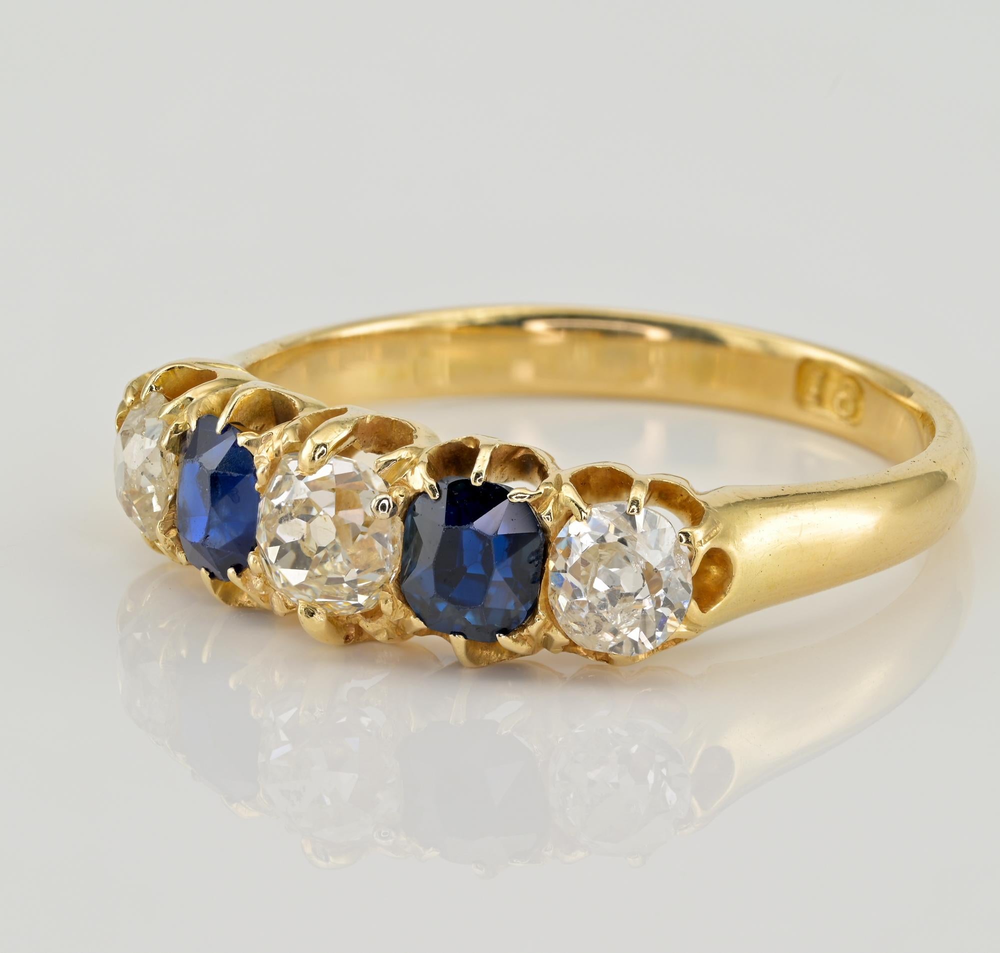 Women's or Men's Victorian 1.0 Ct. Diamond 1.0 Ct. Sapphire Five Stone Ring For Sale