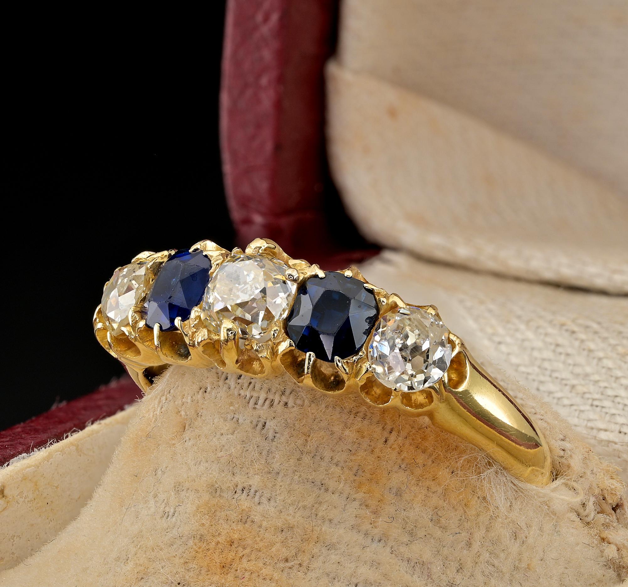 Victorian 1.0 Ct. Diamond 1.0 Ct. Sapphire Five Stone Ring For Sale 1