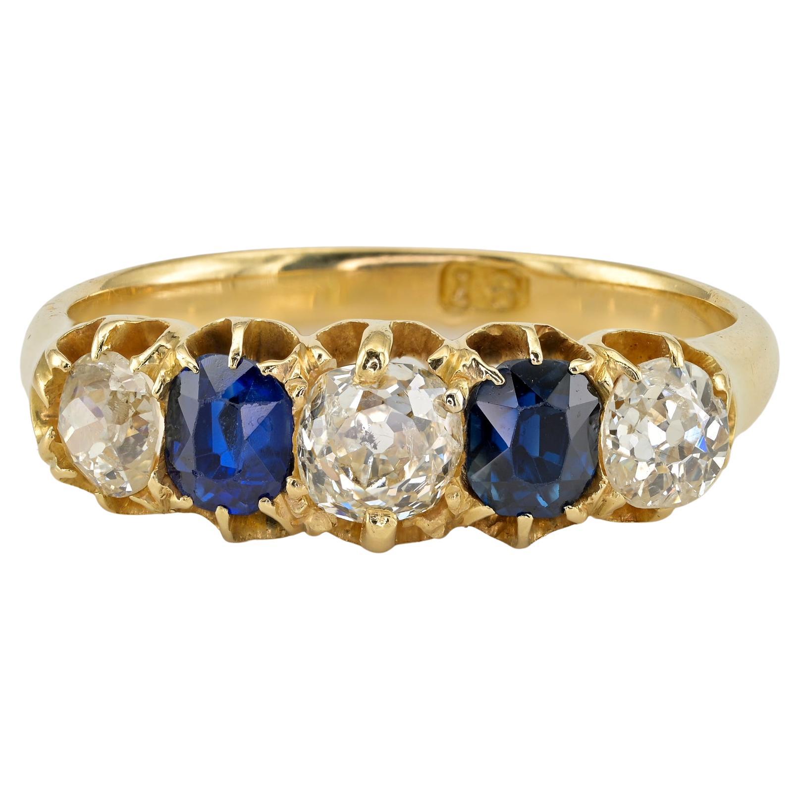 Victorian 1.0 Ct. Diamond 1.0 Ct. Sapphire Five Stone Ring For Sale