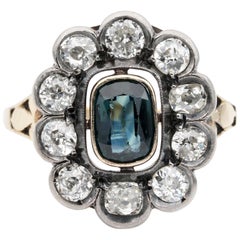 Victorian Style 1.0 Ct Sapphire 1.55 Ct Old Mine Diamond Cluster ring