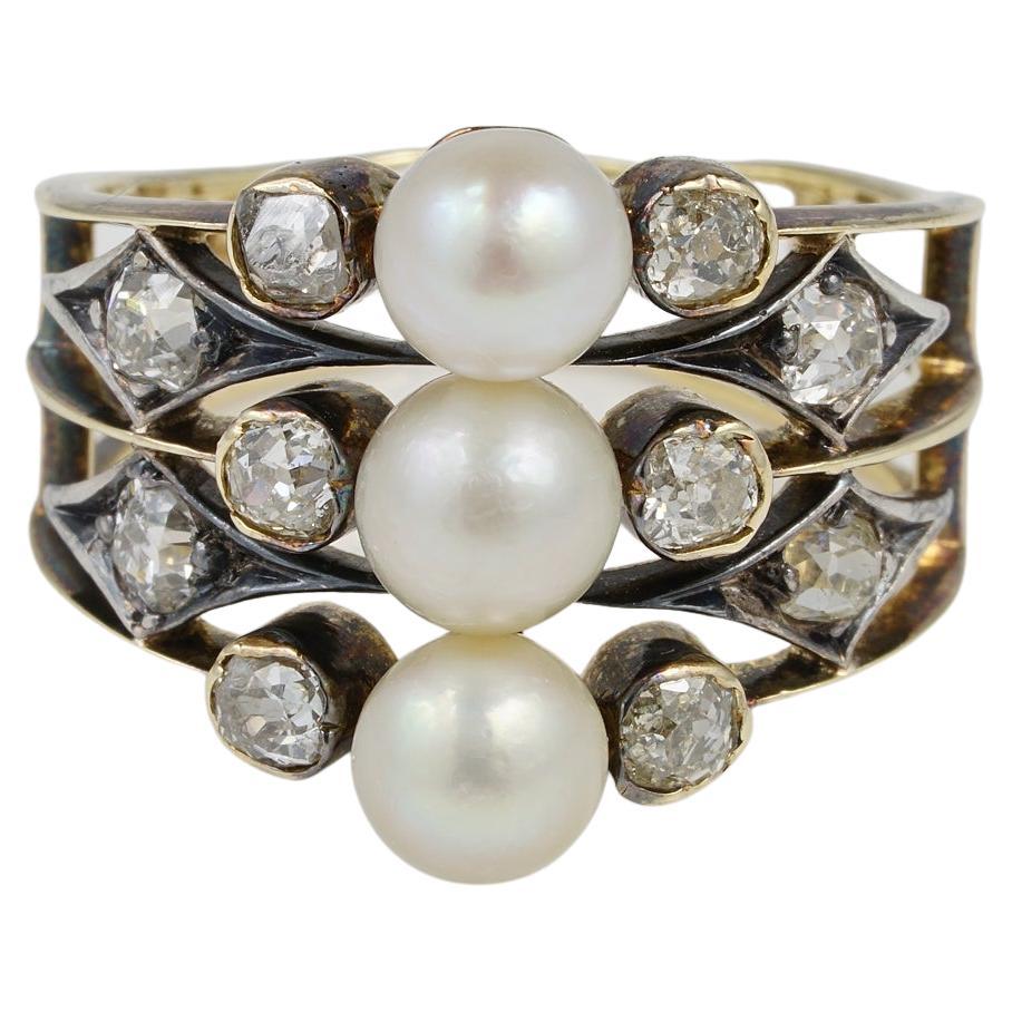 Victorian 1.0 Ct Old Mine Diamond Natural Pearl Ring For Sale