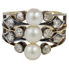 Antique Victorian 1.0 Ct Old Mine Diamond Natural Pearl Ring