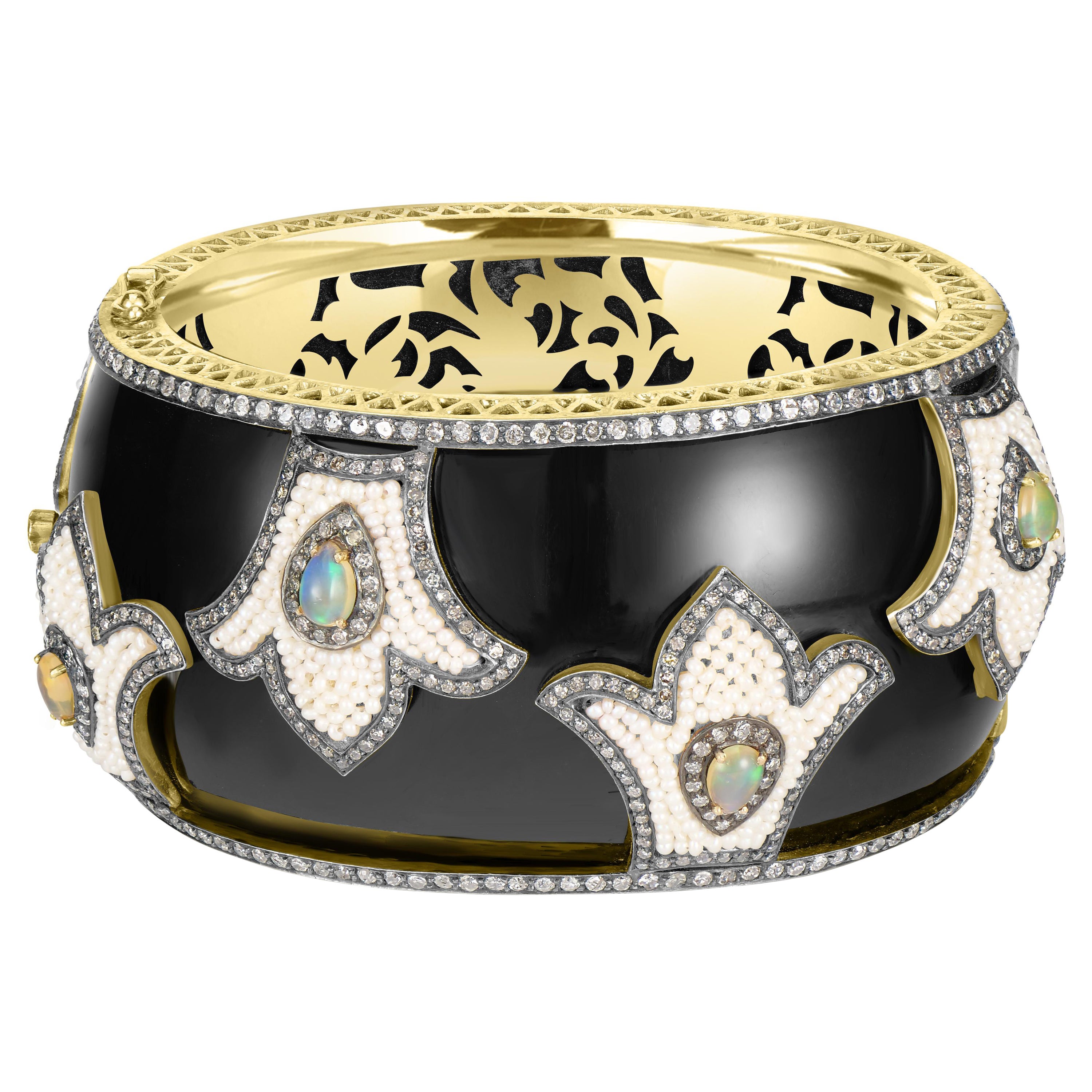 Viktorianisch 10 Cttw. Opal, Diamant und Perlen-Armreif