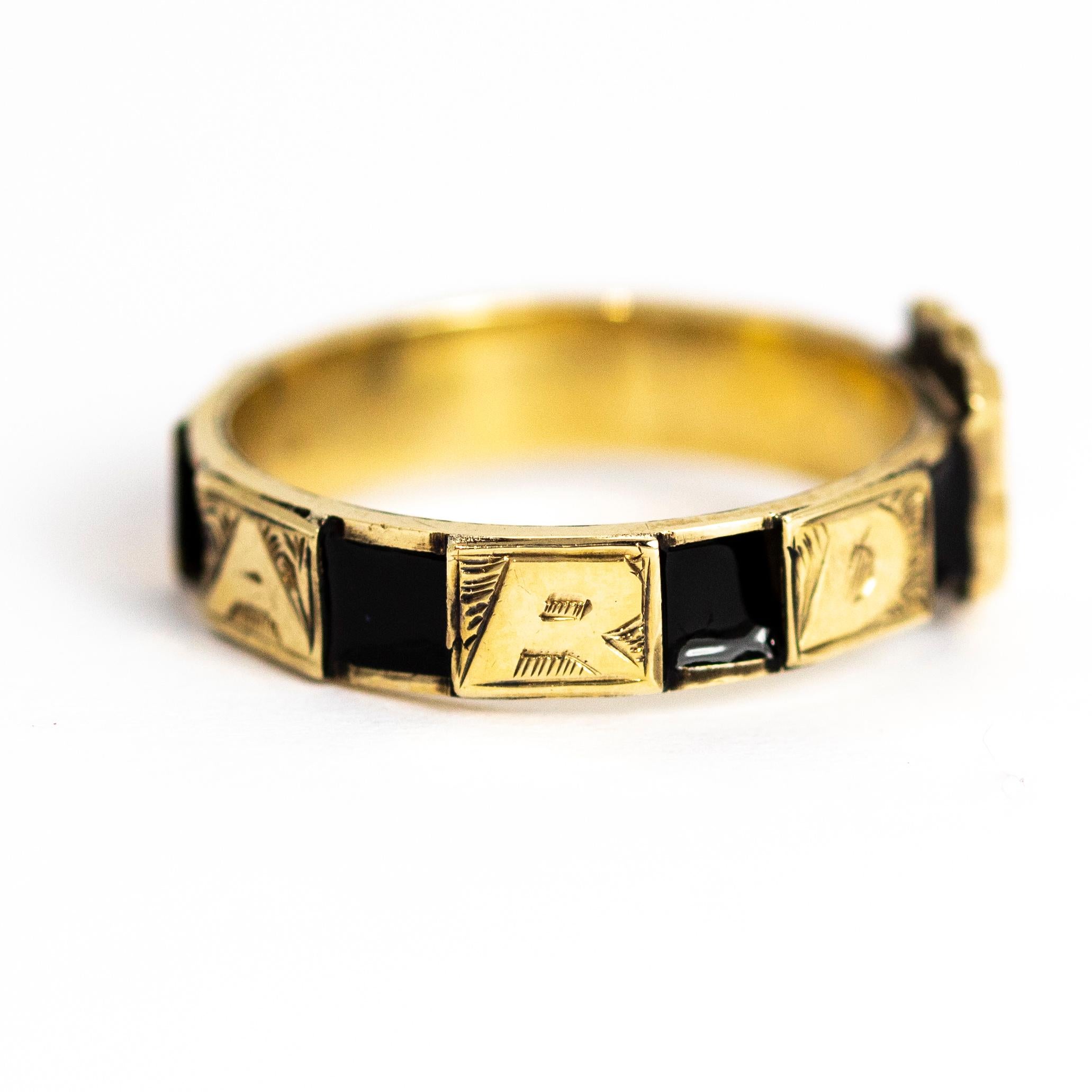 Victorian 10 Karat Gold and Black Enamel Regard Ring In Good Condition For Sale In Chipping Campden, GB