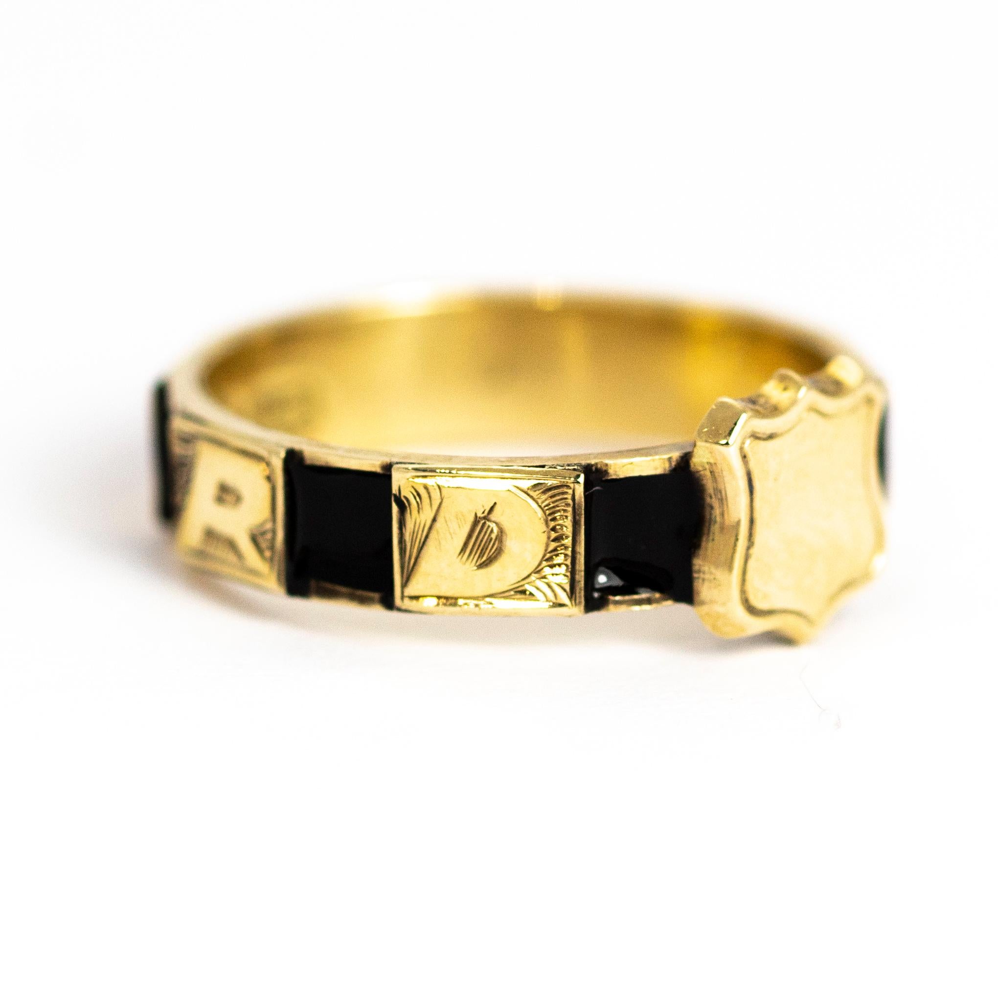 Women's or Men's Victorian 10 Karat Gold and Black Enamel Regard Ring For Sale