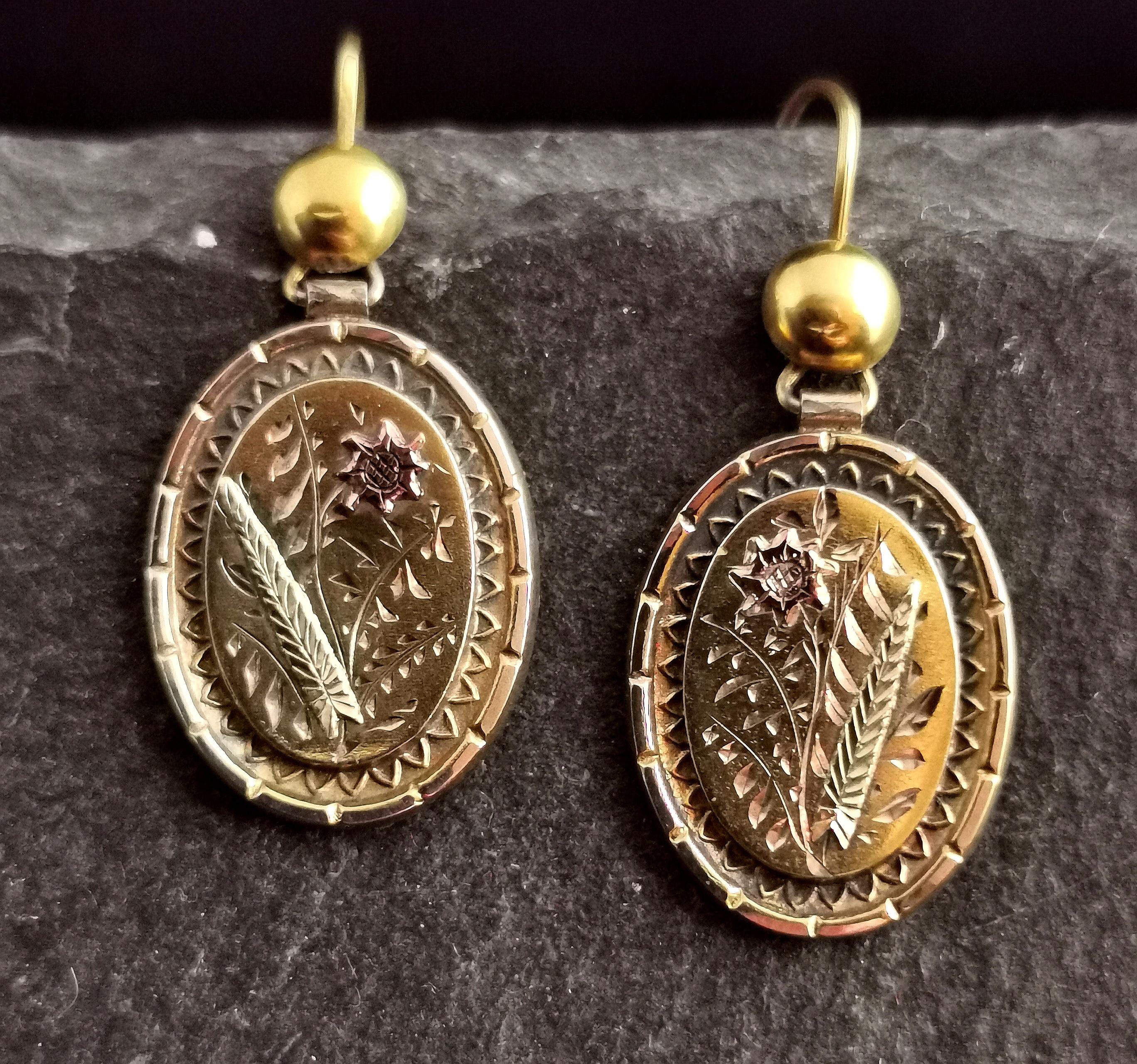 A beautiful pair of Antique 10ct yellow gold door knocker earrings.

Beautiful oval shaped drops with a floral engraving in the aesthetic manner with a tiny applied rose gold flower.

They are hinged door knocker type earrings with an ear wire