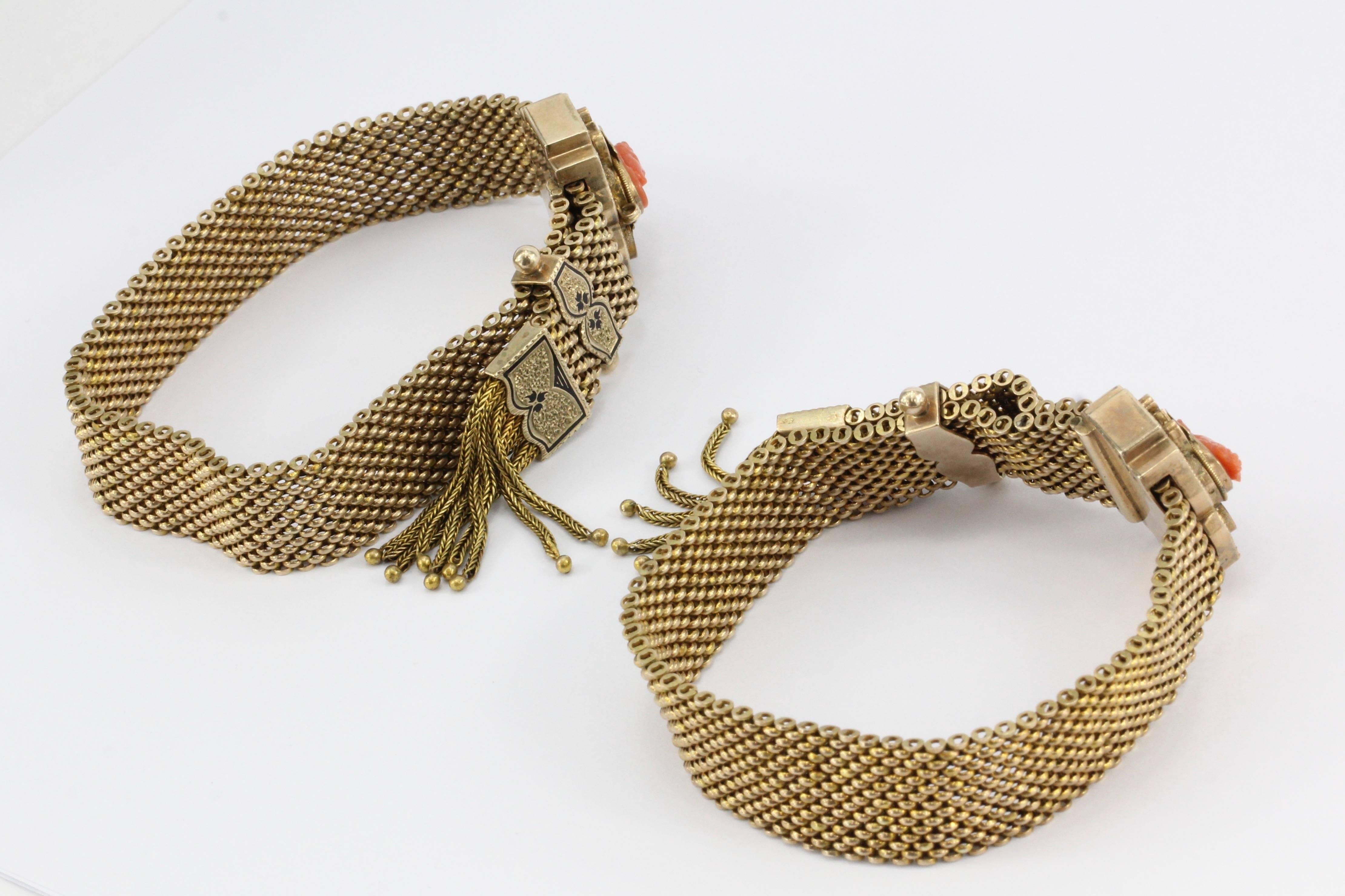 Victorian 10K Gold Enamel Coral Cameo Matched Mesh Bracelets, circa 1870s In Excellent Condition In Cape May, NJ