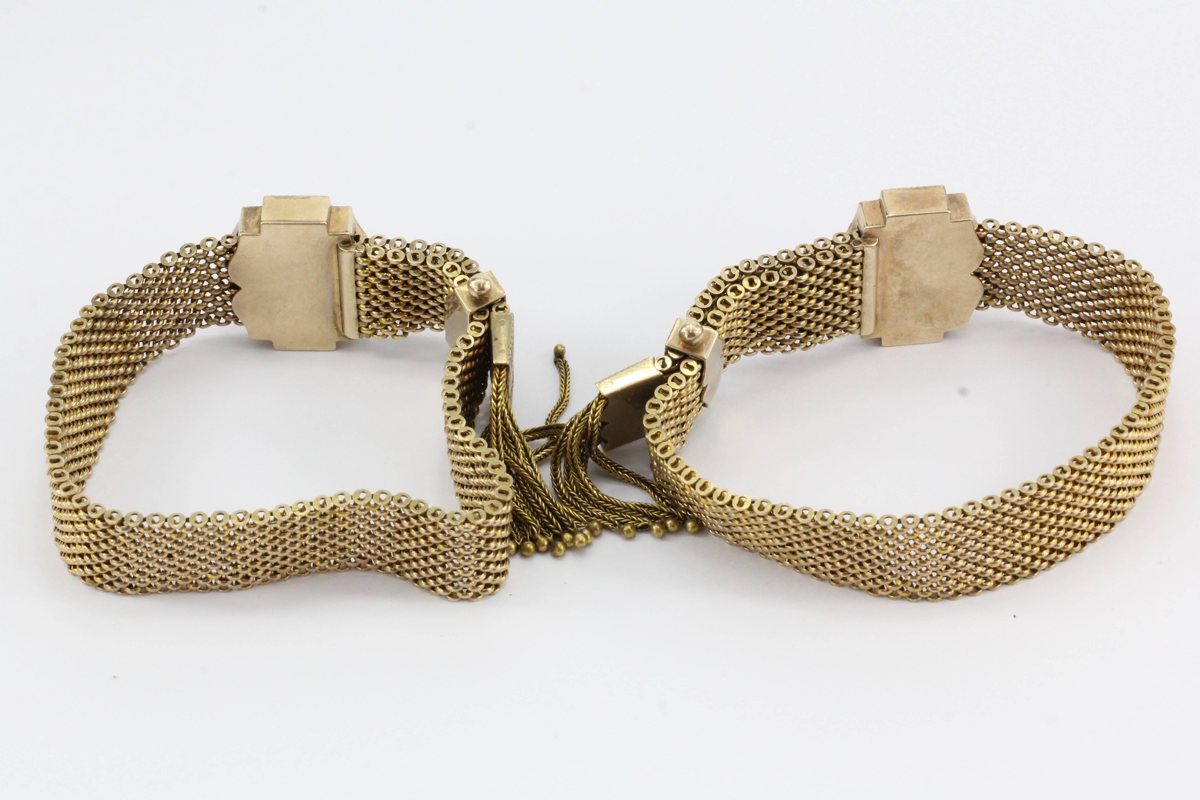 Women's Victorian 10K Gold Enamel Coral Cameo Matched Mesh Bracelets, circa 1870s