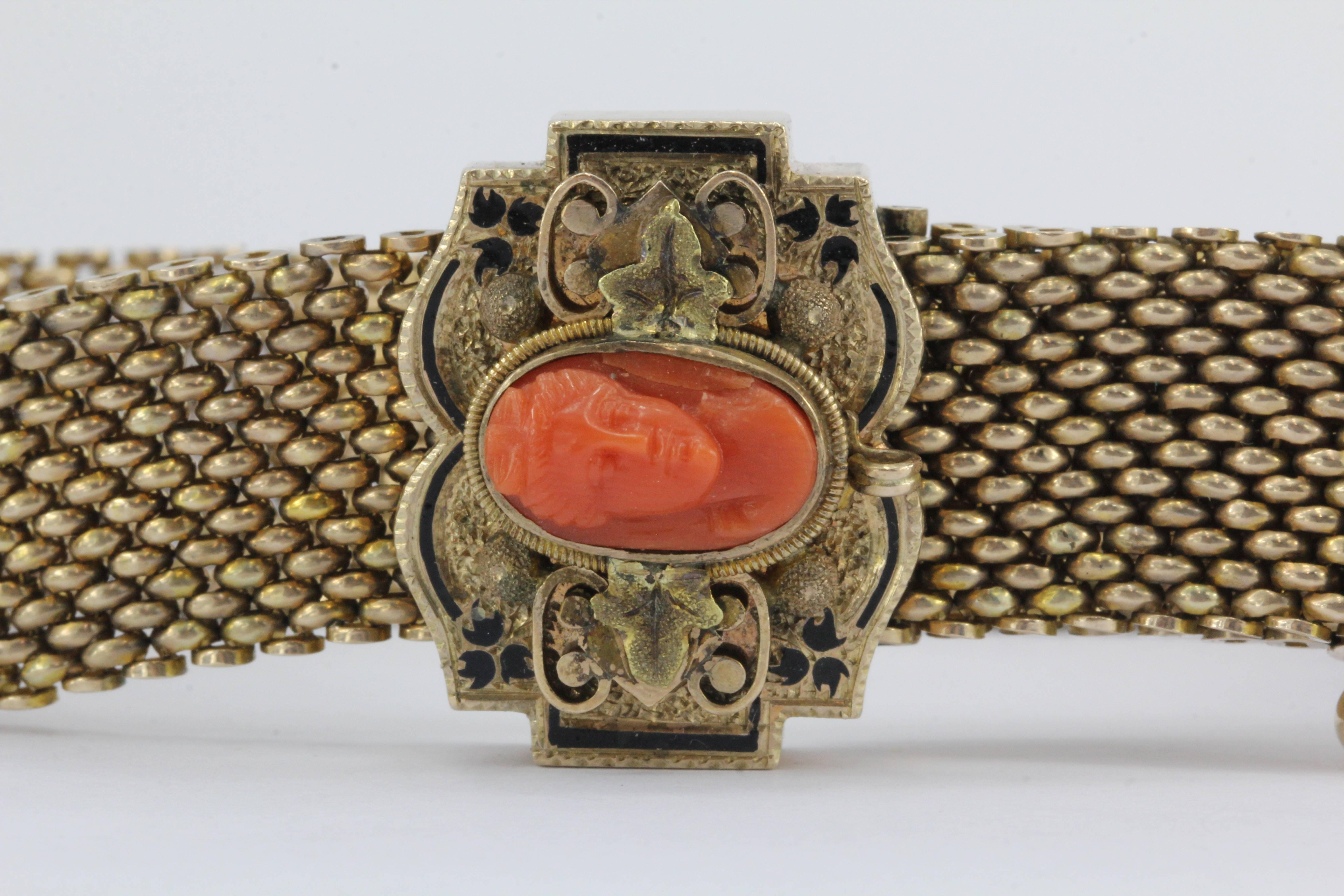 Victorian 10K Gold Enamel Coral Cameo Matched Mesh Bracelets, circa 1870s 1