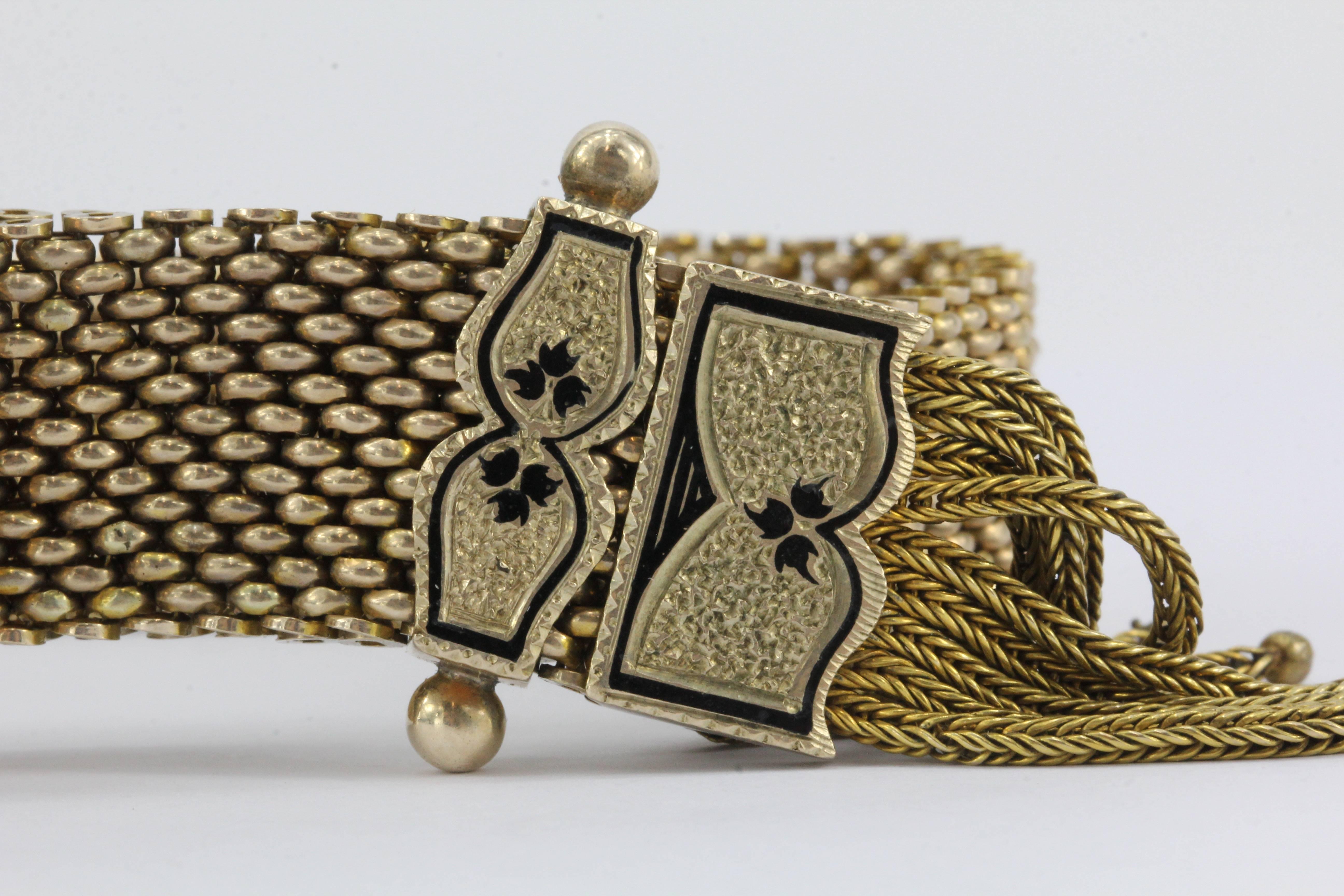 Victorian 10K Gold Enamel Coral Cameo Matched Mesh Bracelets, circa 1870s 2