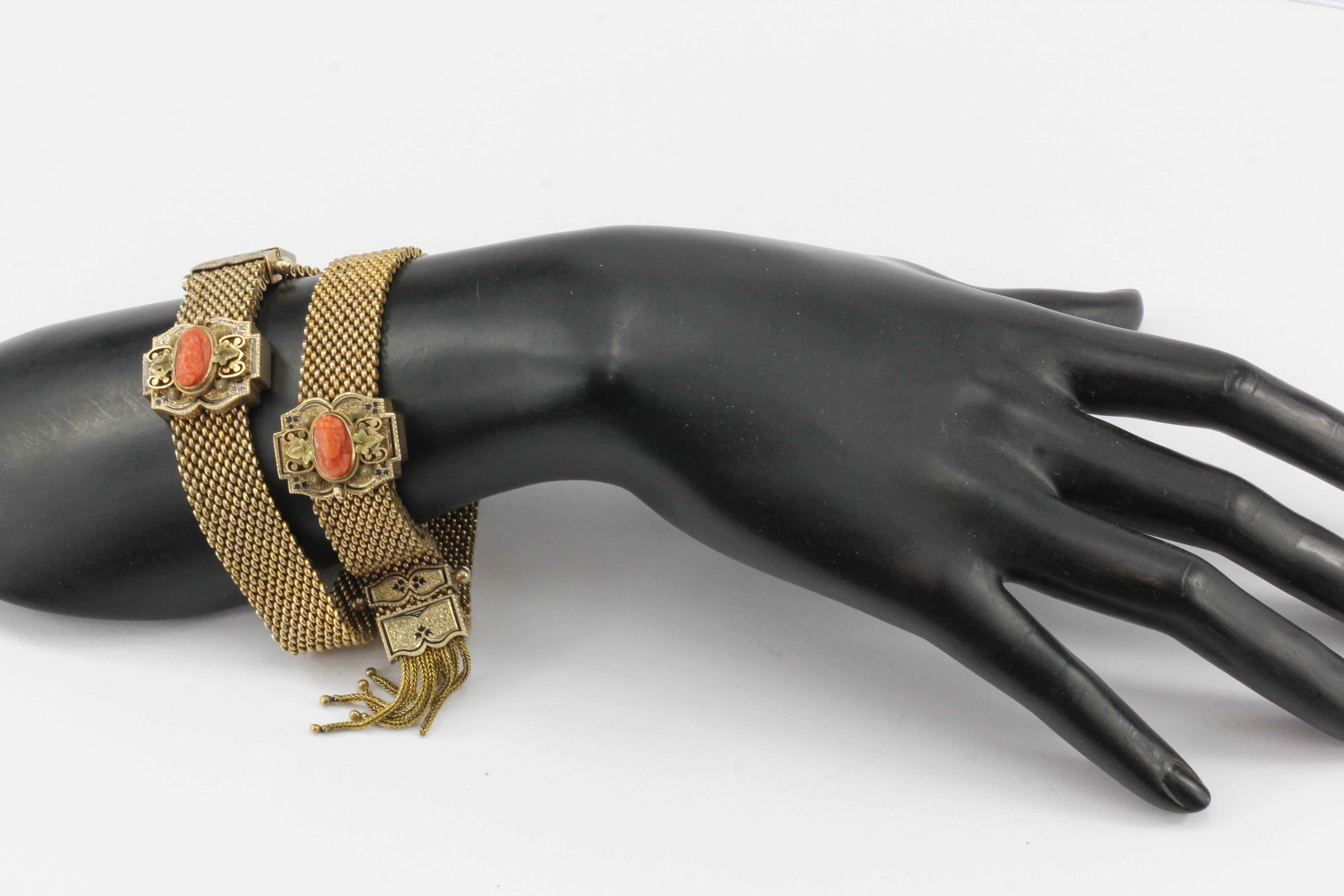 Victorian 10K Gold Enamel Coral Cameo Matched Mesh Bracelets, circa 1870s 3