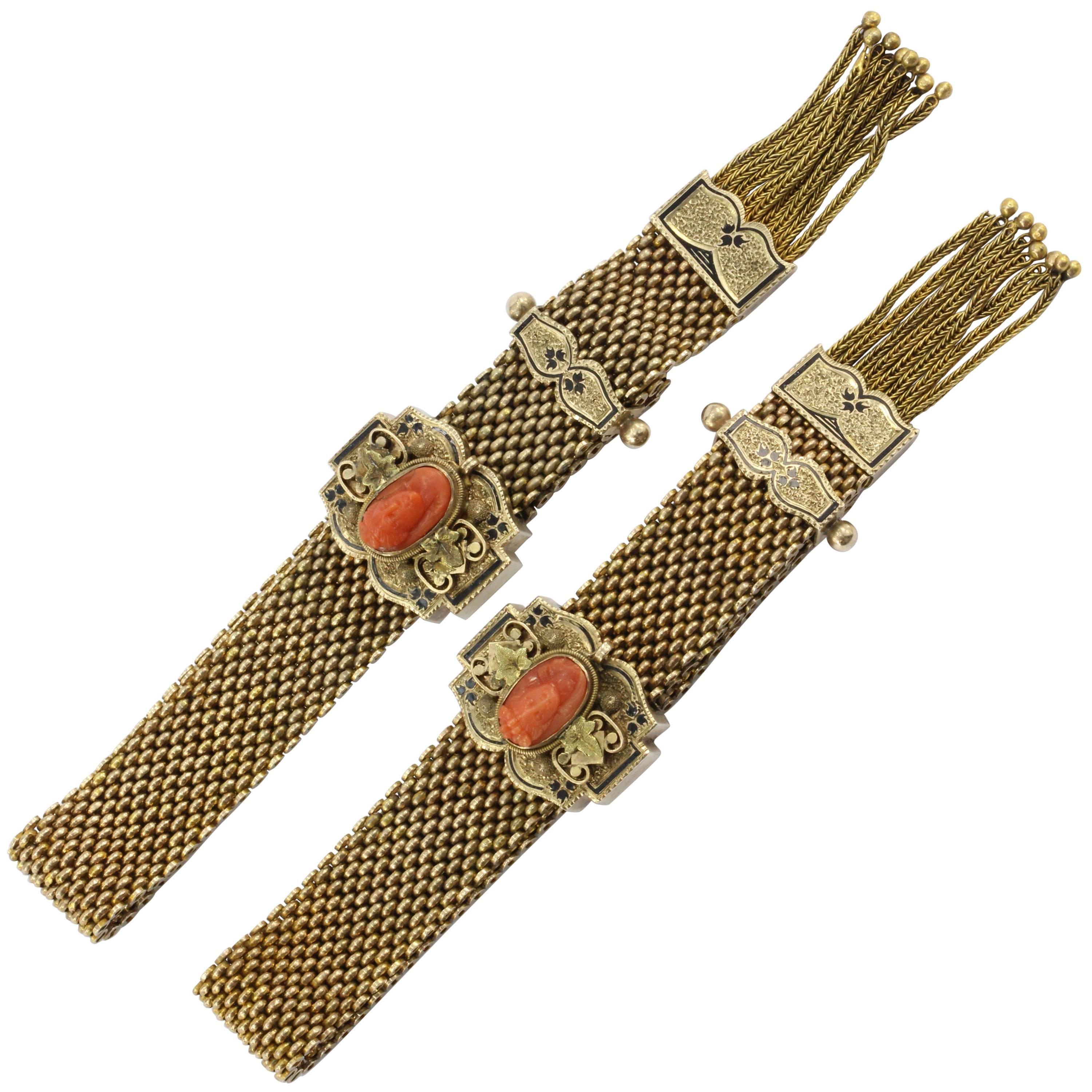 Victorian 10K Gold Enamel Coral Cameo Matched Mesh Bracelets, circa 1870s