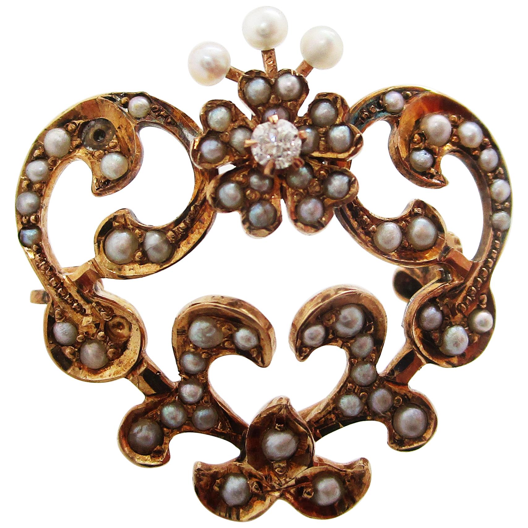 Victorian 10 Karat Rose Gold Heart Shape Seed Pearl and Diamond Pin Watch Holder