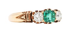 Victorian 1.00 Carat Emerald Old Mine Cut Diamond 14 Karat Gold Belcher Ring